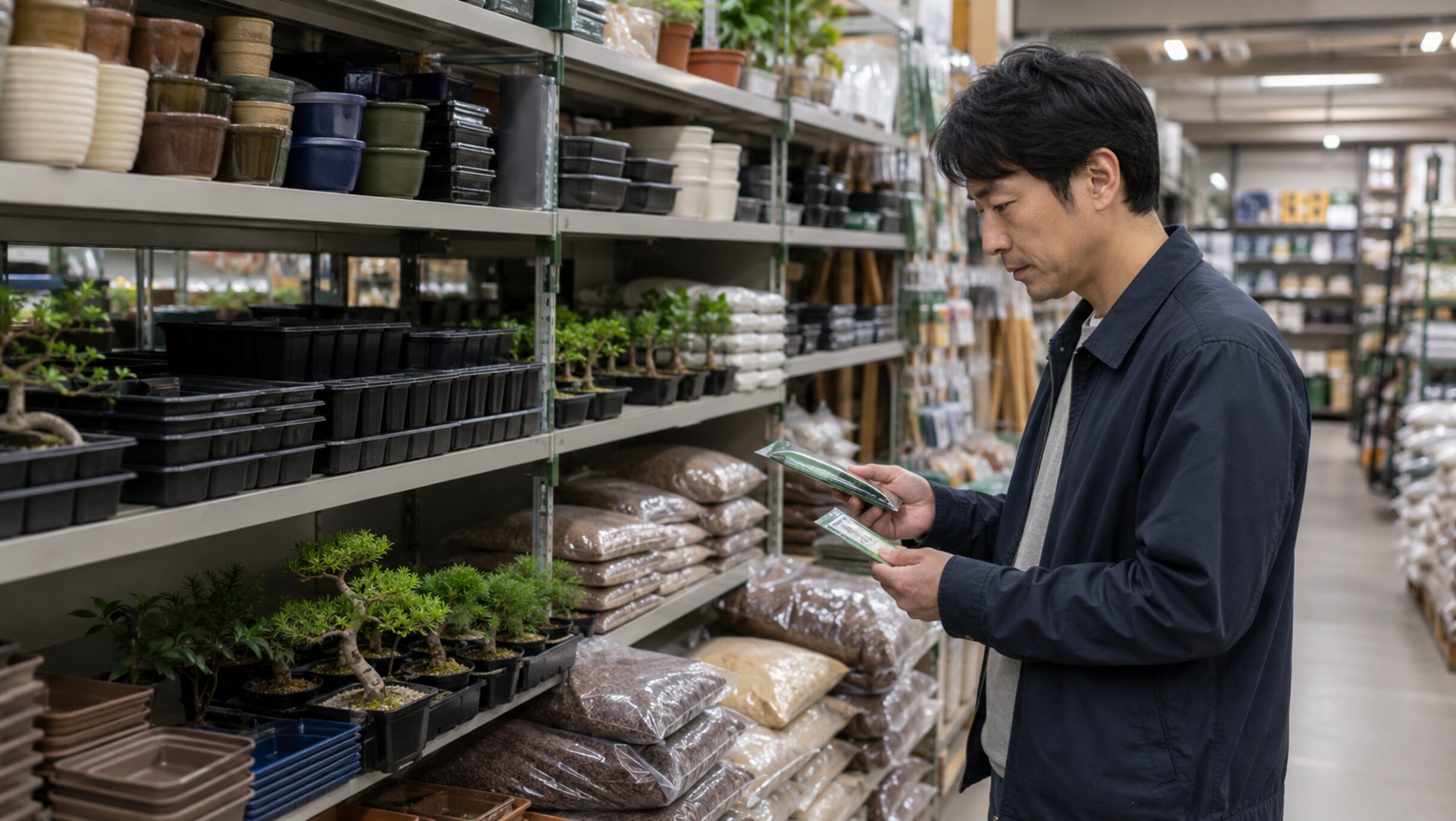 ホームセンターで盆栽の種や園芸用品を探す日本人男性