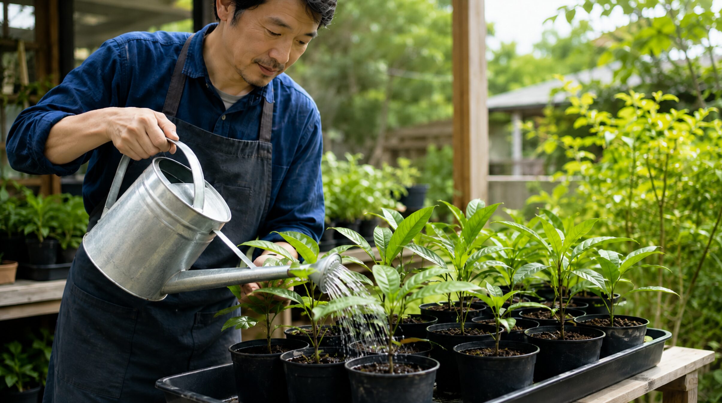 育苗ポットで育つ枇杷の若苗へジョウロで水やりする様子