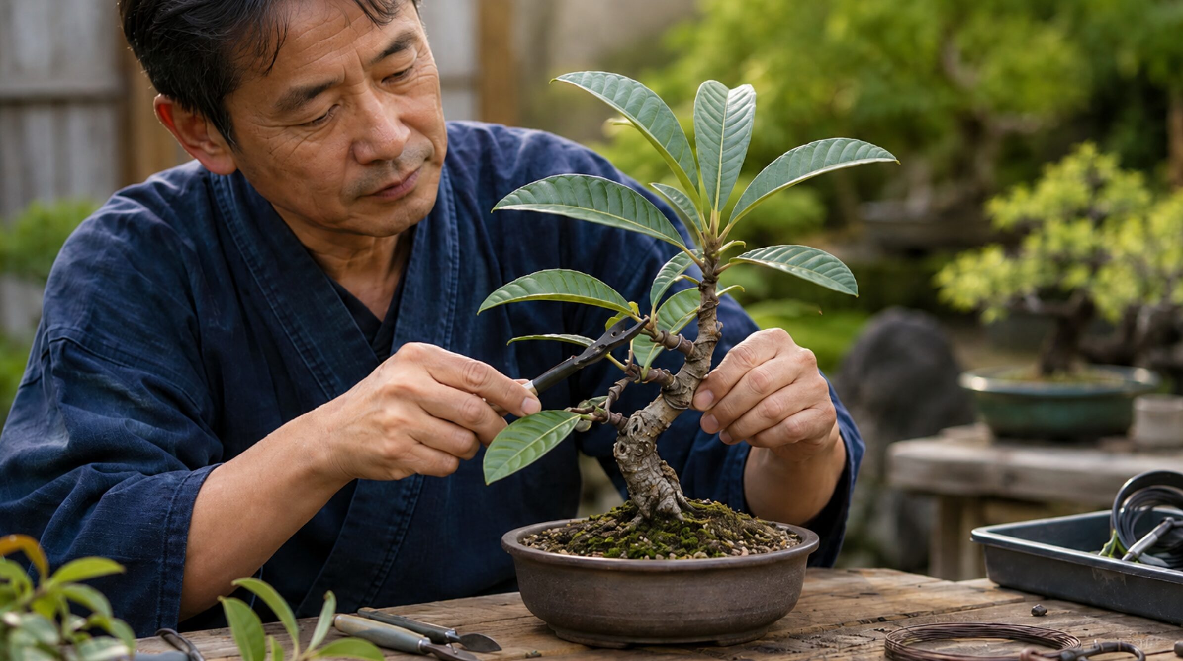 枇杷の若木を剪定と針金掛けで小さな盆栽に仕立てる様子