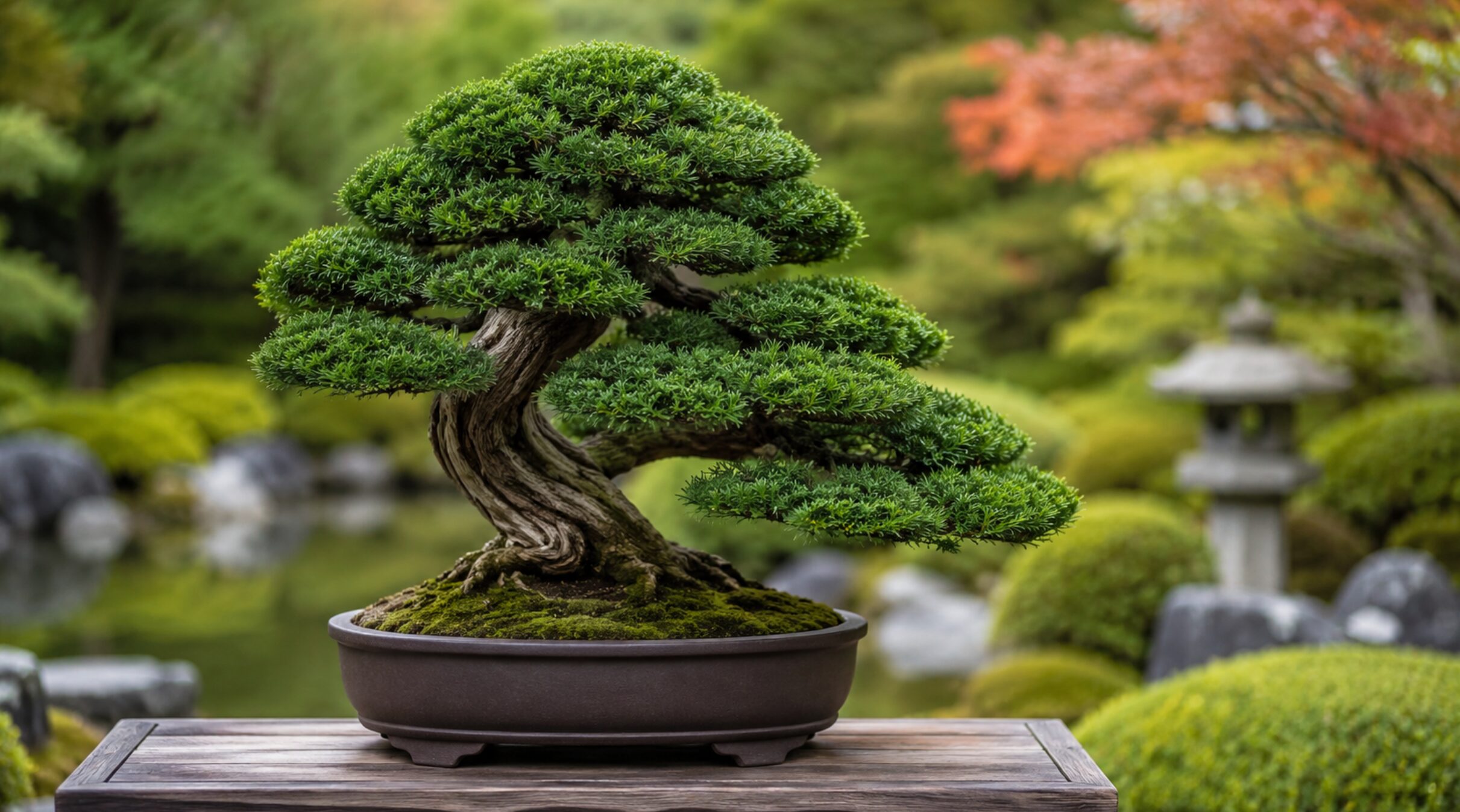 津山檜盆栽の濃緑の葉と曲がりのある幹を日本庭園で展示した姿