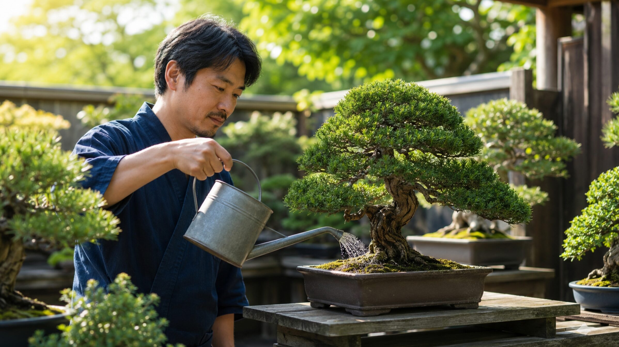 屋外で津山檜盆栽の鉢土へじょうろで水やりをする日本人男性