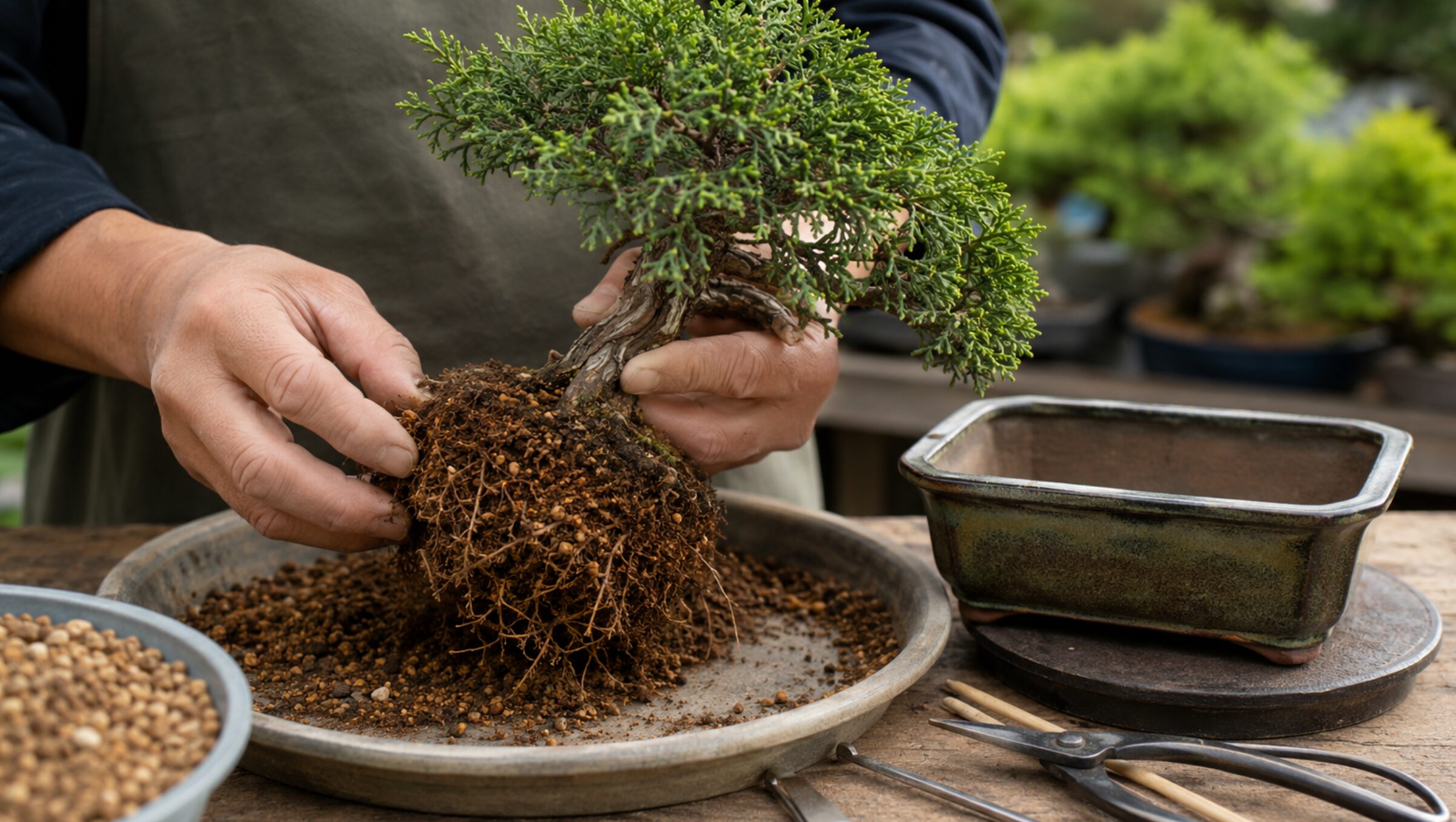 津山檜盆栽の根鉢を確認し新しい鉢へ植え替える作業