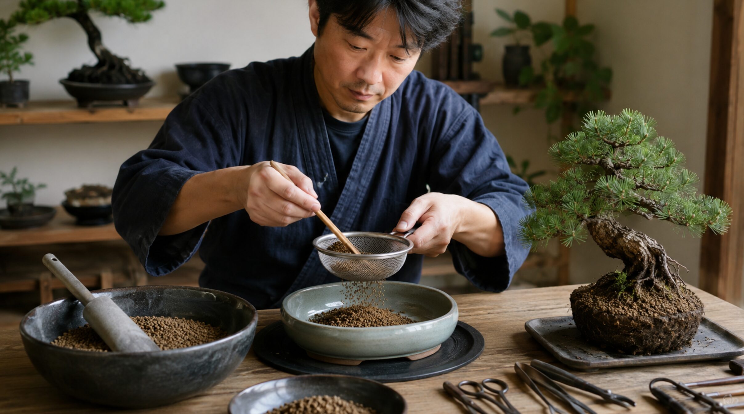 盆栽の植え替え前に用土をふるいにかける日本人男性