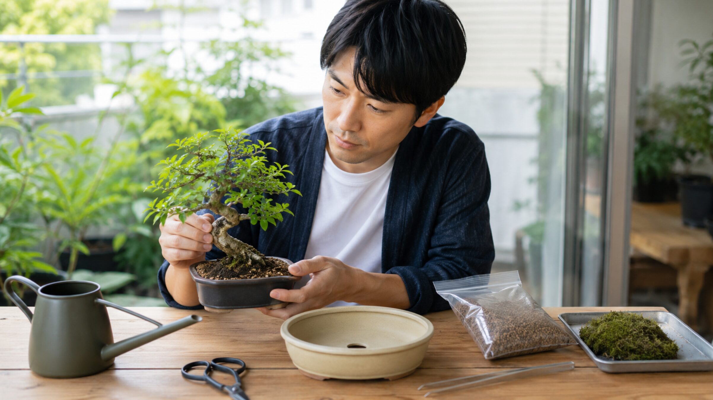 盆栽スターターキットの苗木や鉢と付属道具を確認する初心者の日本人男性