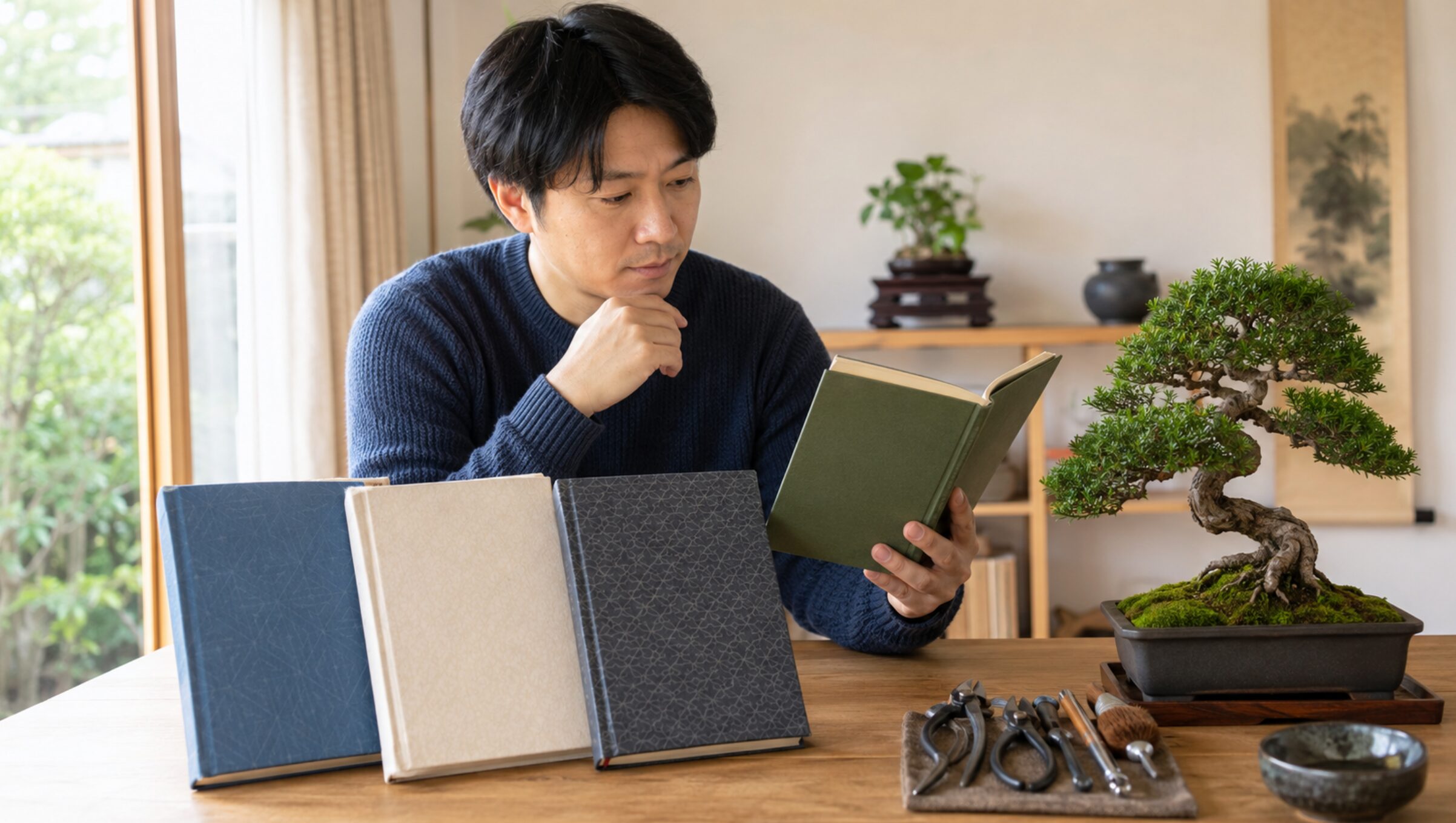 盆栽初心者が入門書を比較しながら育て方を学ぶ様子