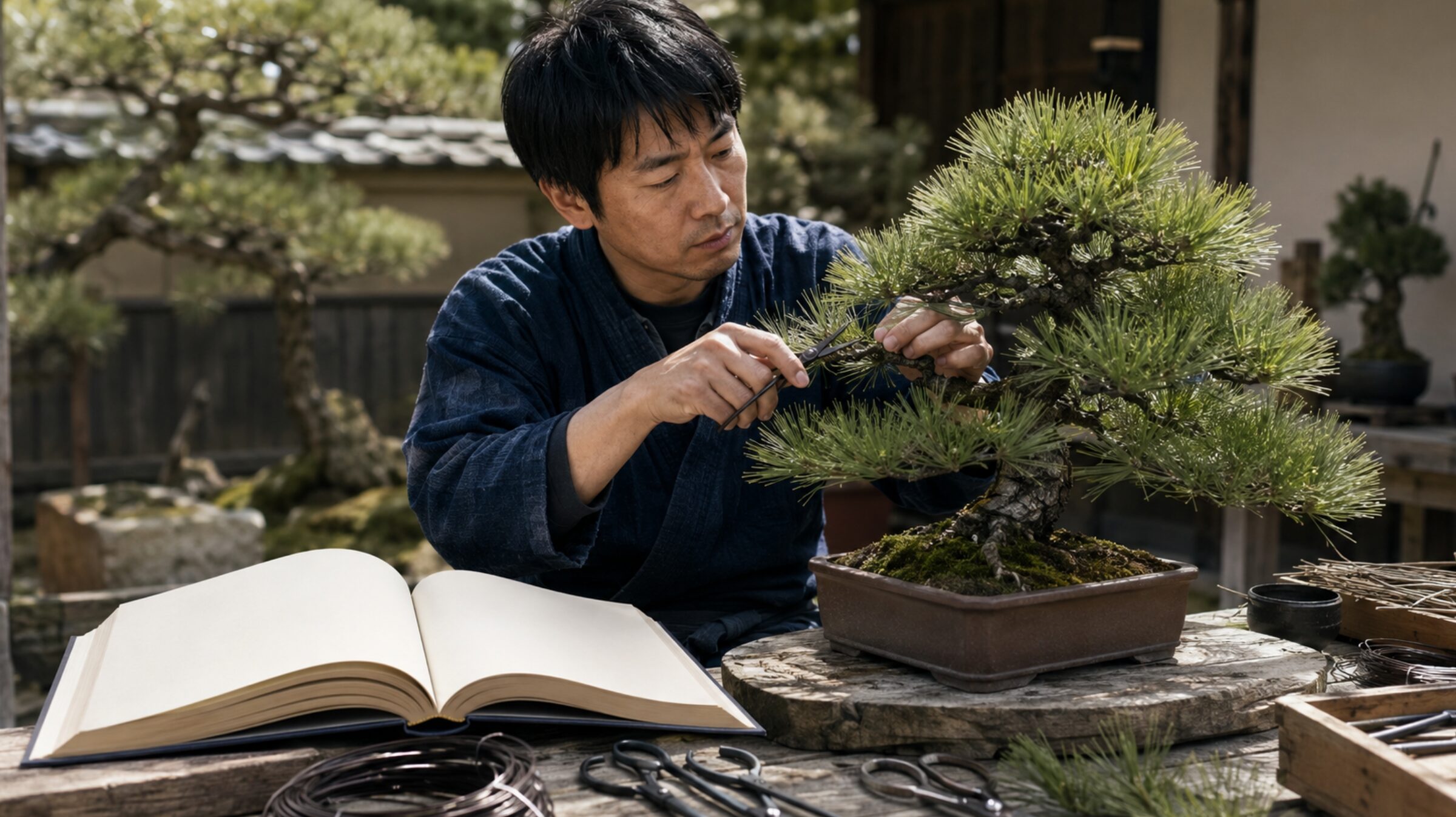 黒松盆栽の専門書を参考に剪定と枝づくりを行う日本人男性