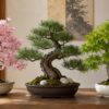 桜・松・青もみじのフェイク盆栽を和室で並べて比較した様子