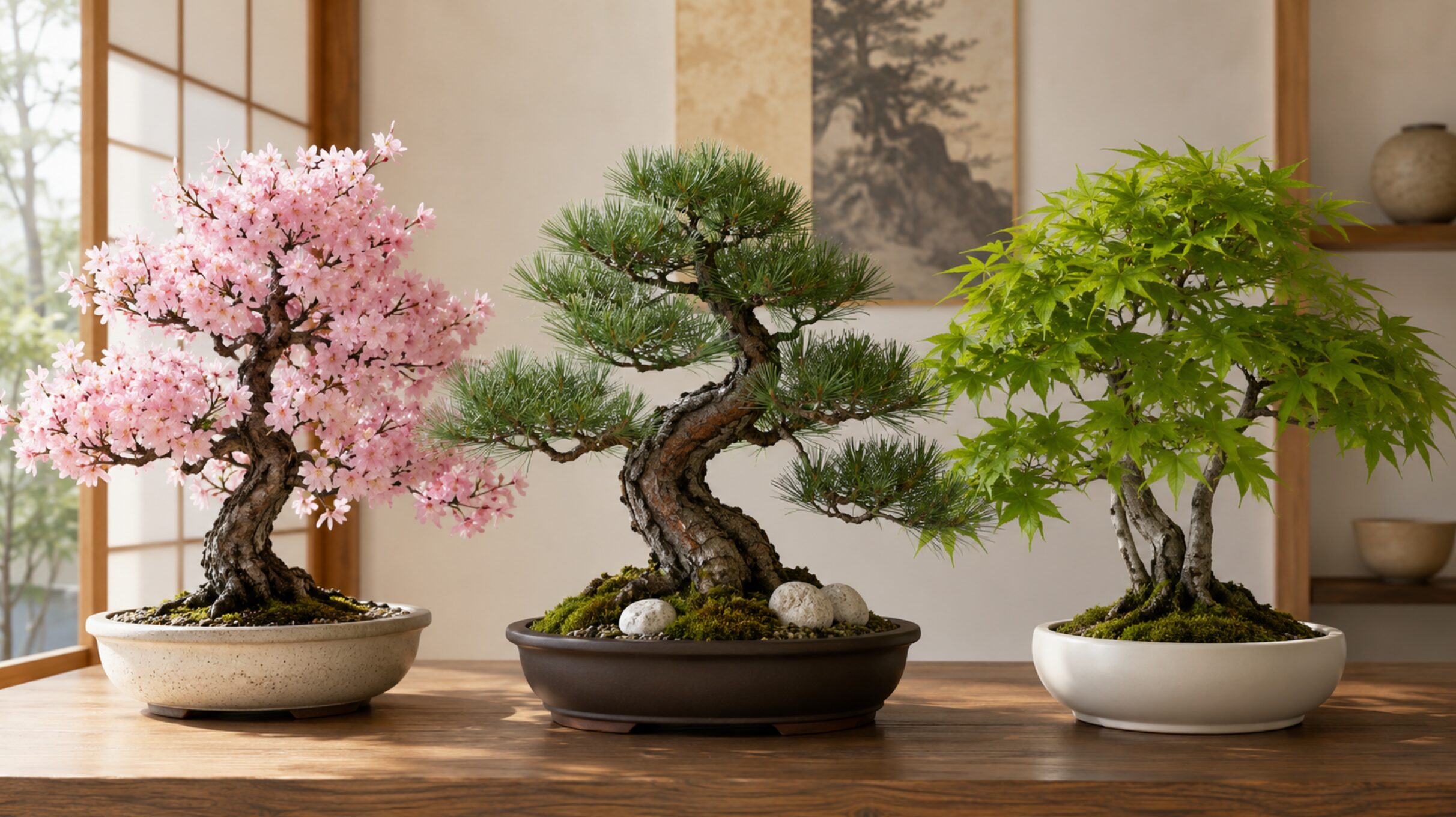 桜・松・青もみじのフェイク盆栽を和室で並べて比較した様子