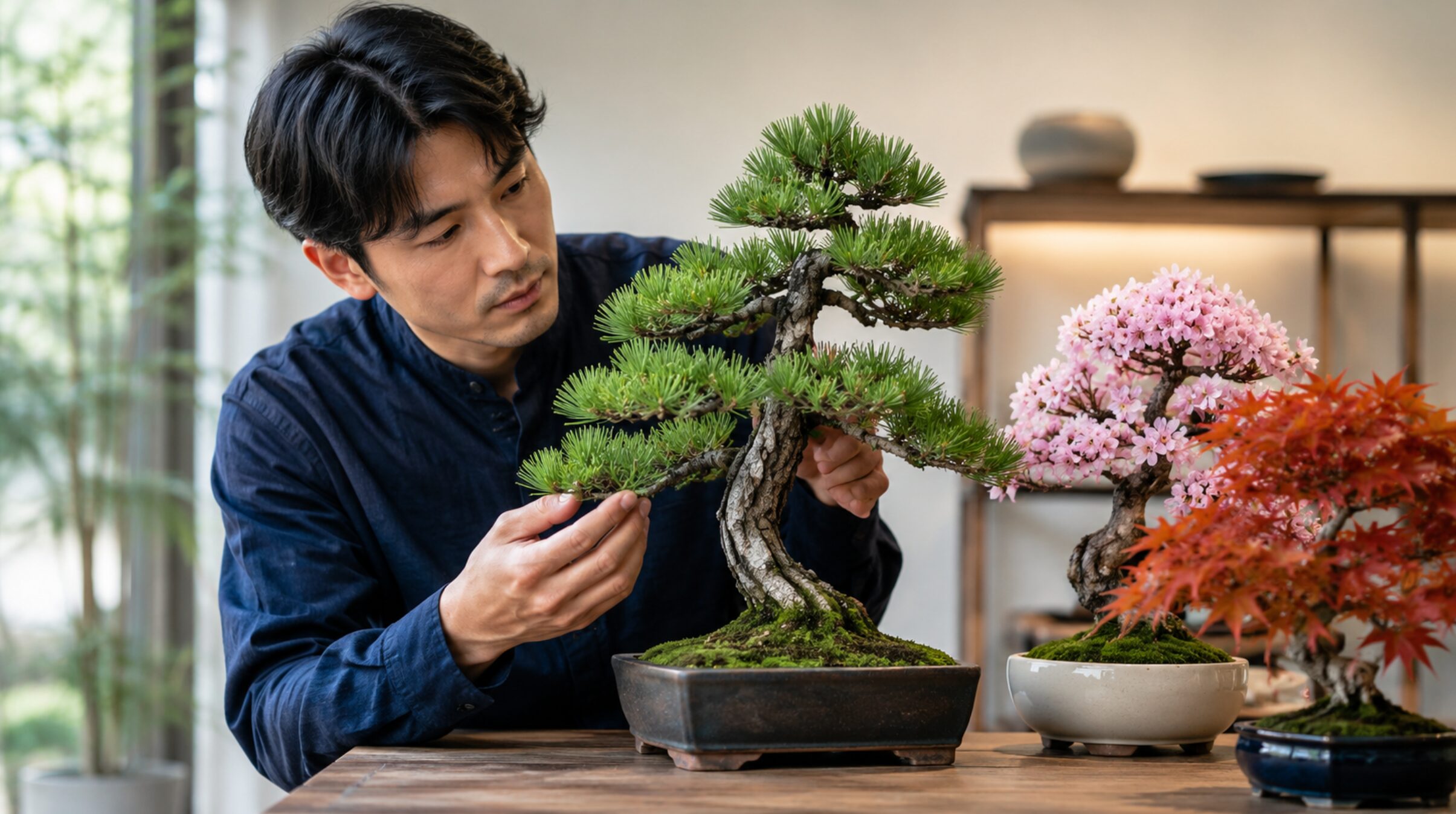 松のフェイク盆栽の幹や枝ぶりを確認する日本人男性