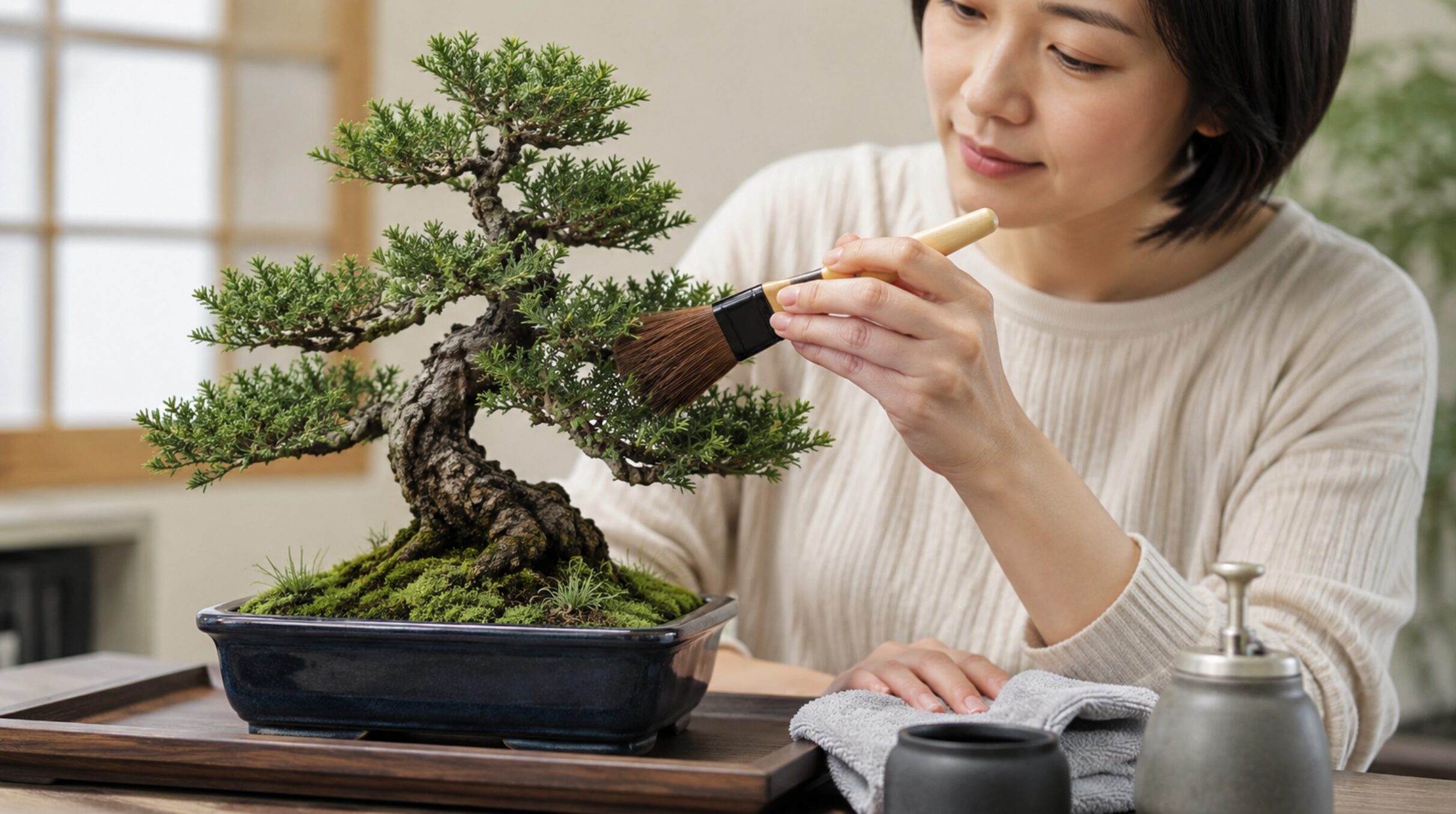 柔らかいブラシで松のフェイク盆栽のほこりを掃除する女性