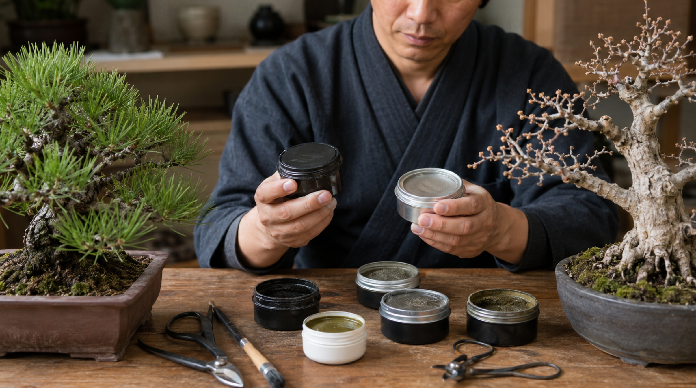 盆栽の切り口に使う複数の癒合剤を比較する様子