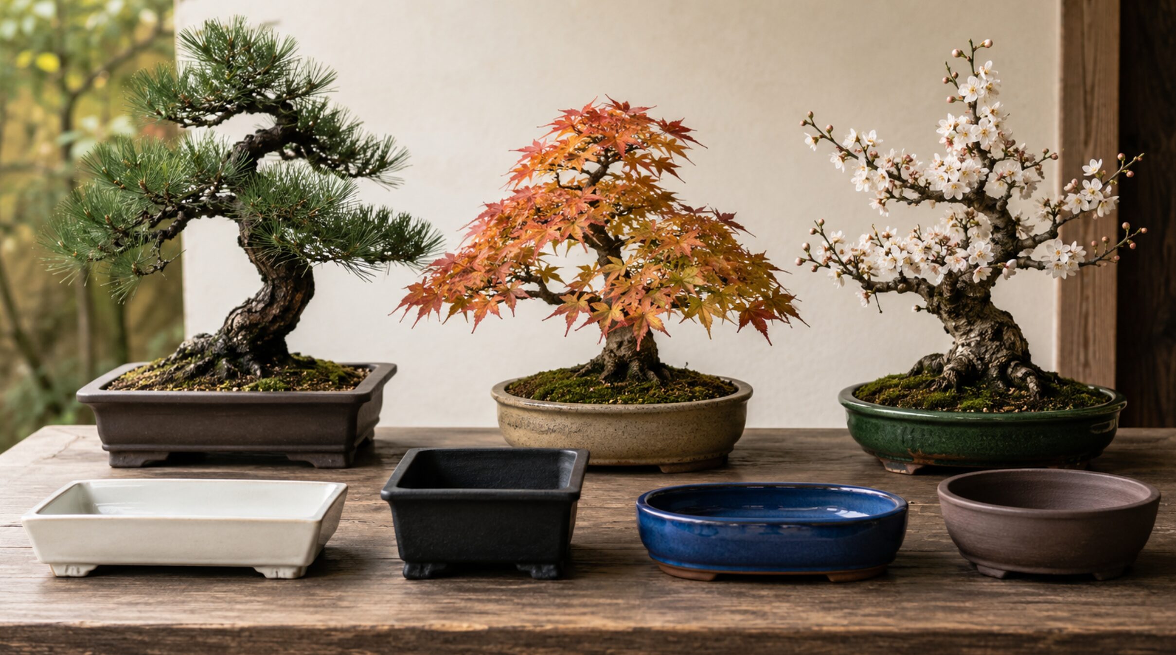黒松やモミジと白・黒・青・茶色のおしゃれな盆栽鉢の種類