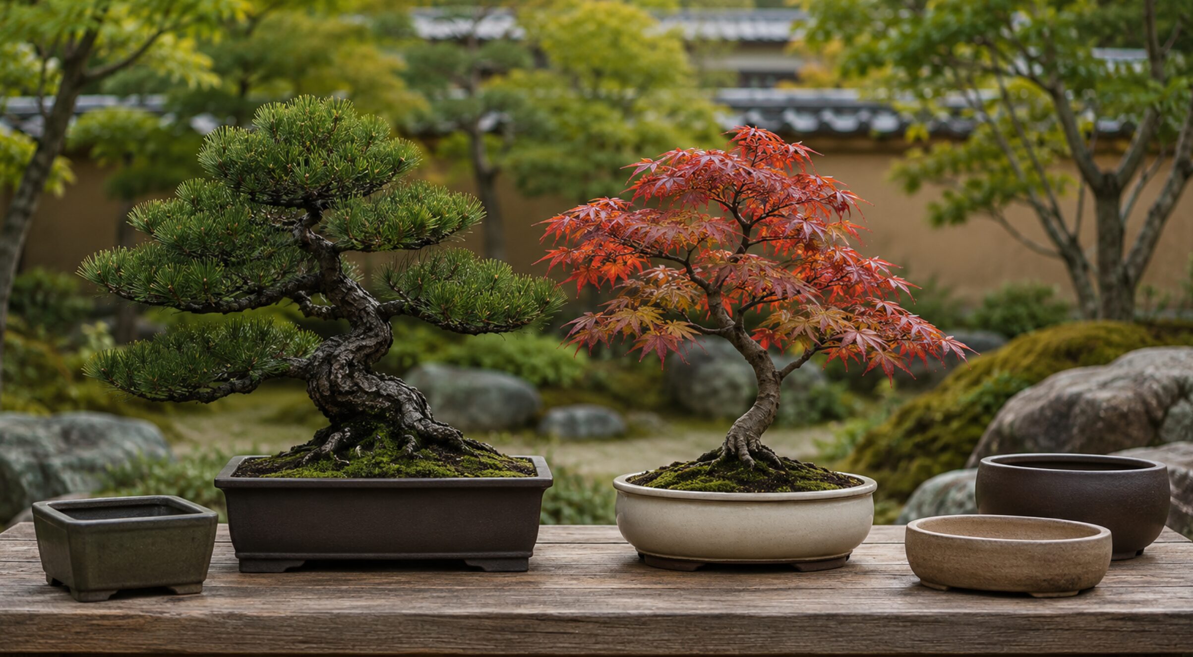 黒松の長角鉢と紅葉したモミジの白い楕円鉢を比較した盆栽