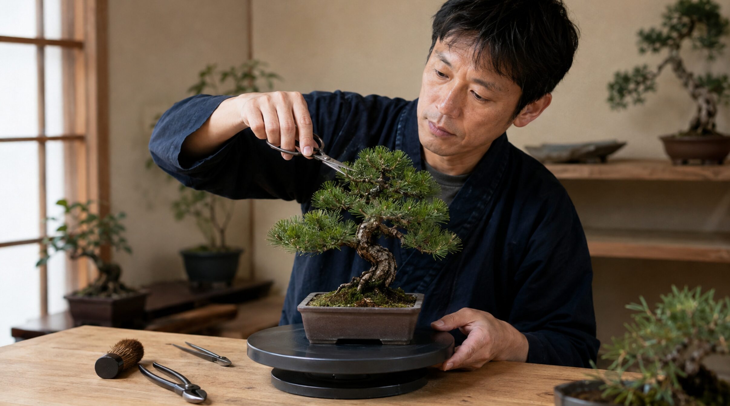 盆栽回転台に載せた松盆栽を剪定する日本人男性