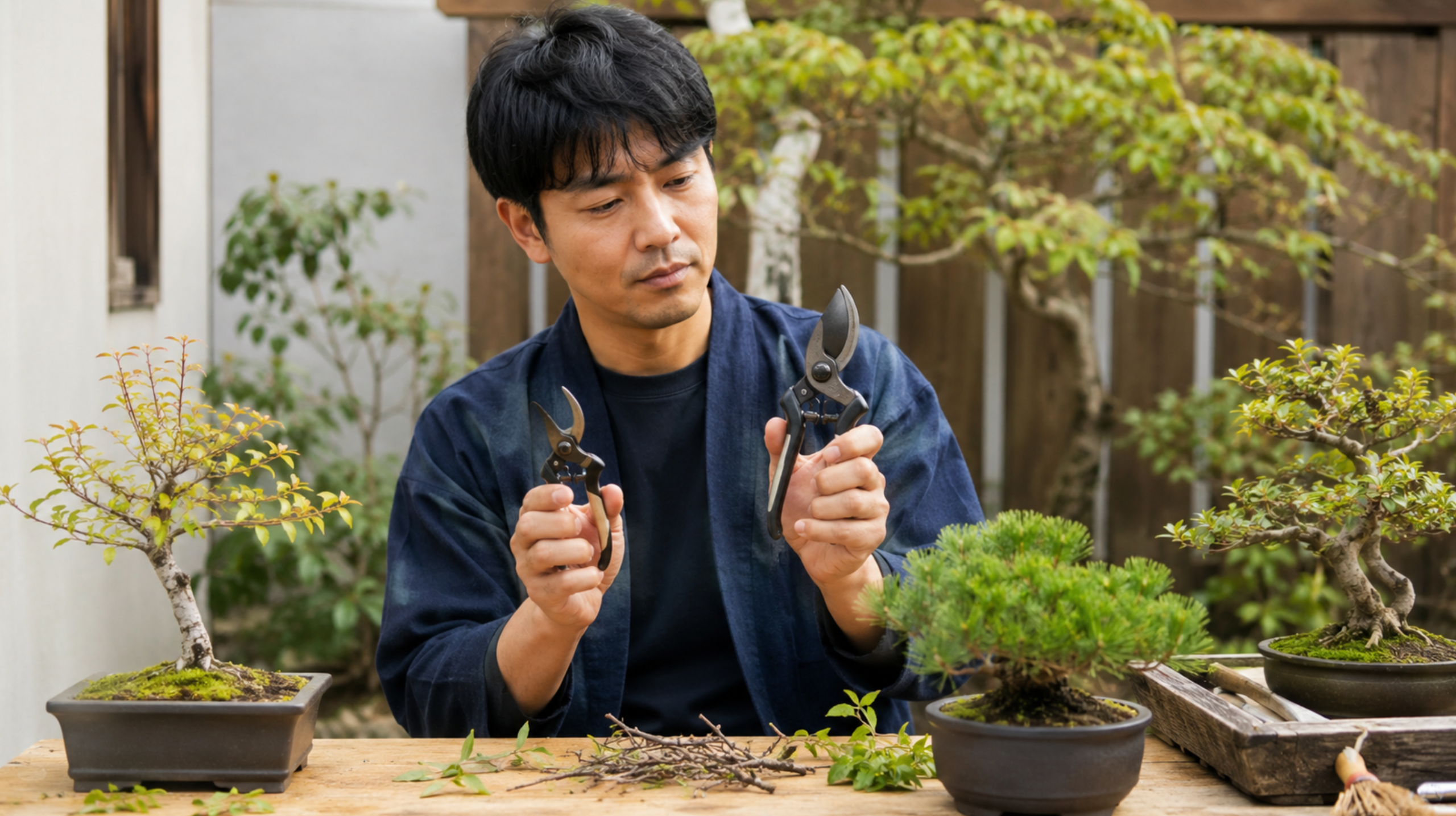 剪定鋏の大きさと握りやすさを比較する日本人男性
