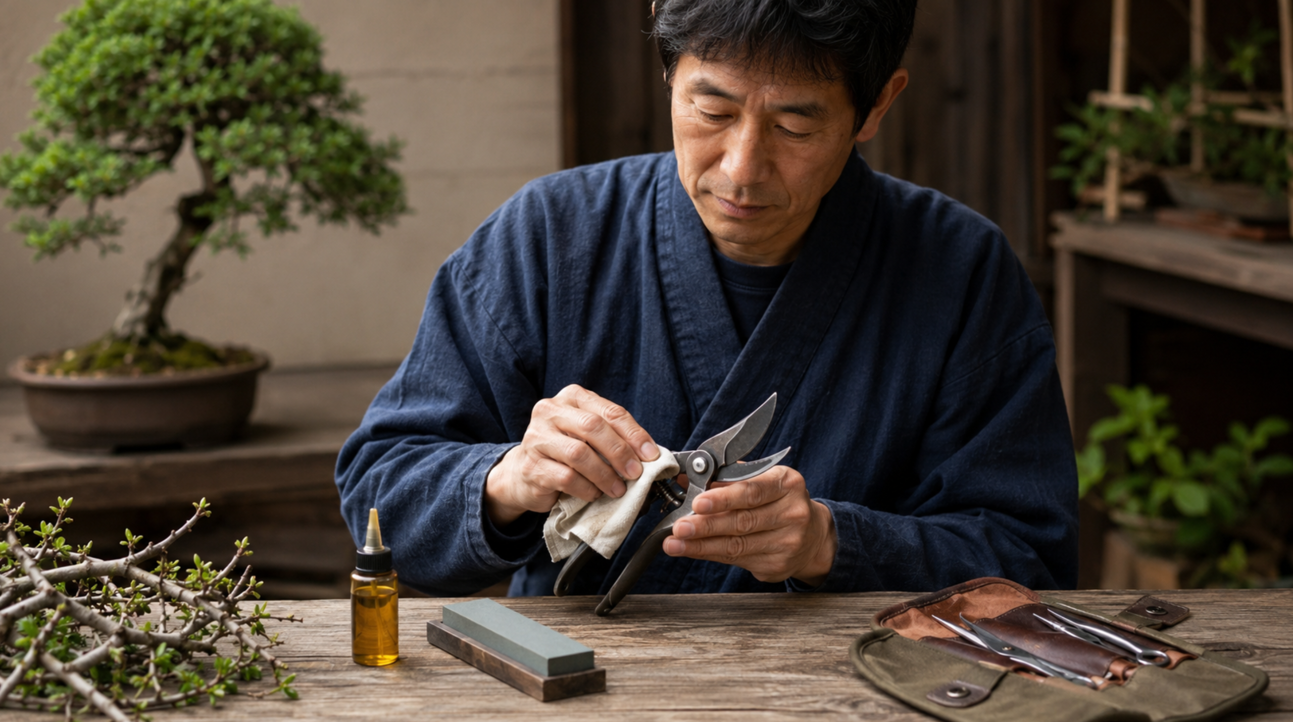 剪定鋏の刃を布と油で手入れする日本人男性