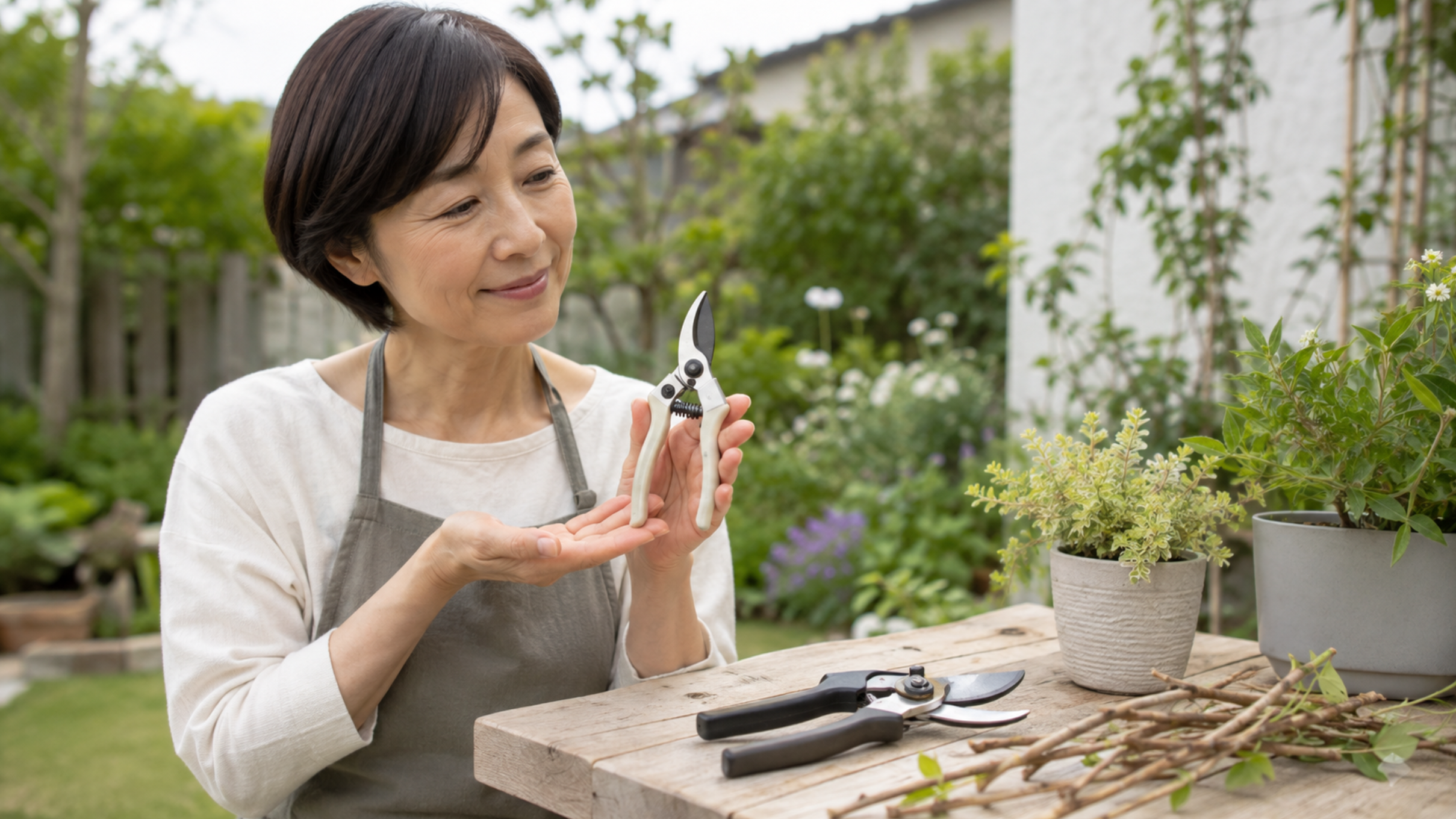 小さい手に合う軽量な女性向け剪定鋏を確認する日本人女性