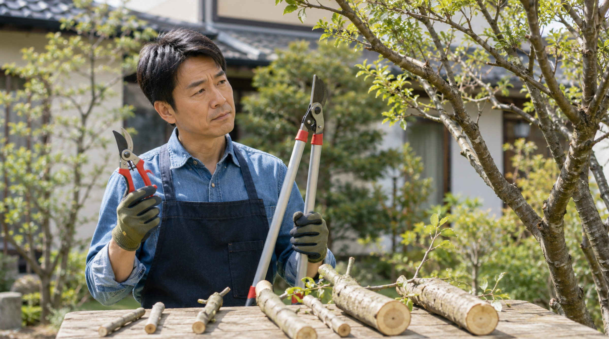 太い枝の直径に合わせて剪定鋏と太枝切鋏を選ぶ日本人男性