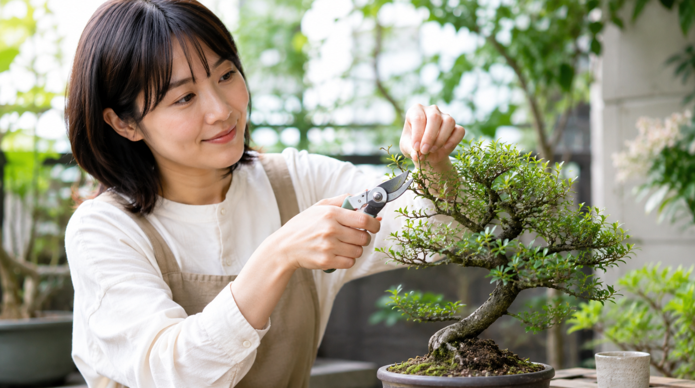 小型の剪定鋏を使って盆栽の細い枝を剪定する日本人女性