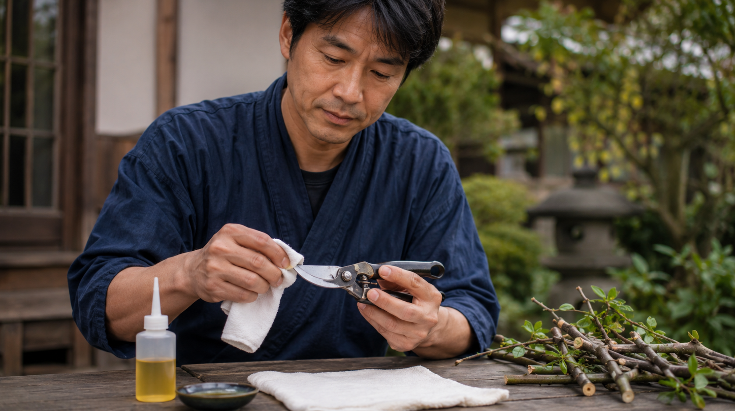 剪定後の剪定鋏を布と油で手入れする日本人男性