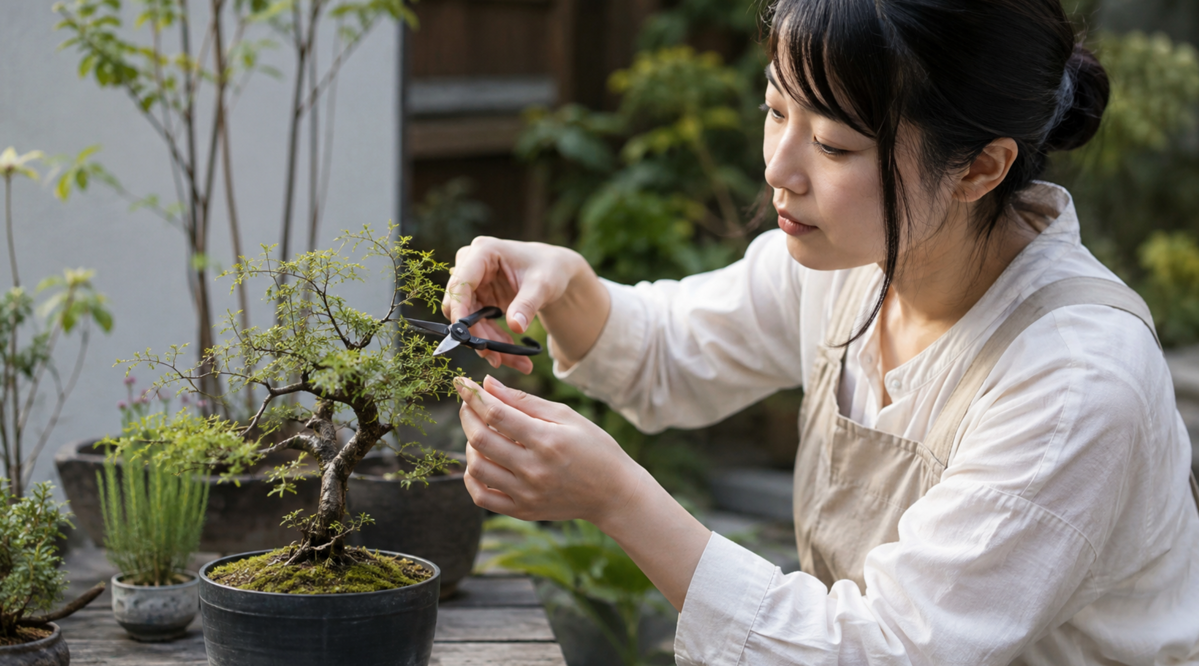 日本人女性が小型剪定鋏で盆栽の細枝を手入れする様子