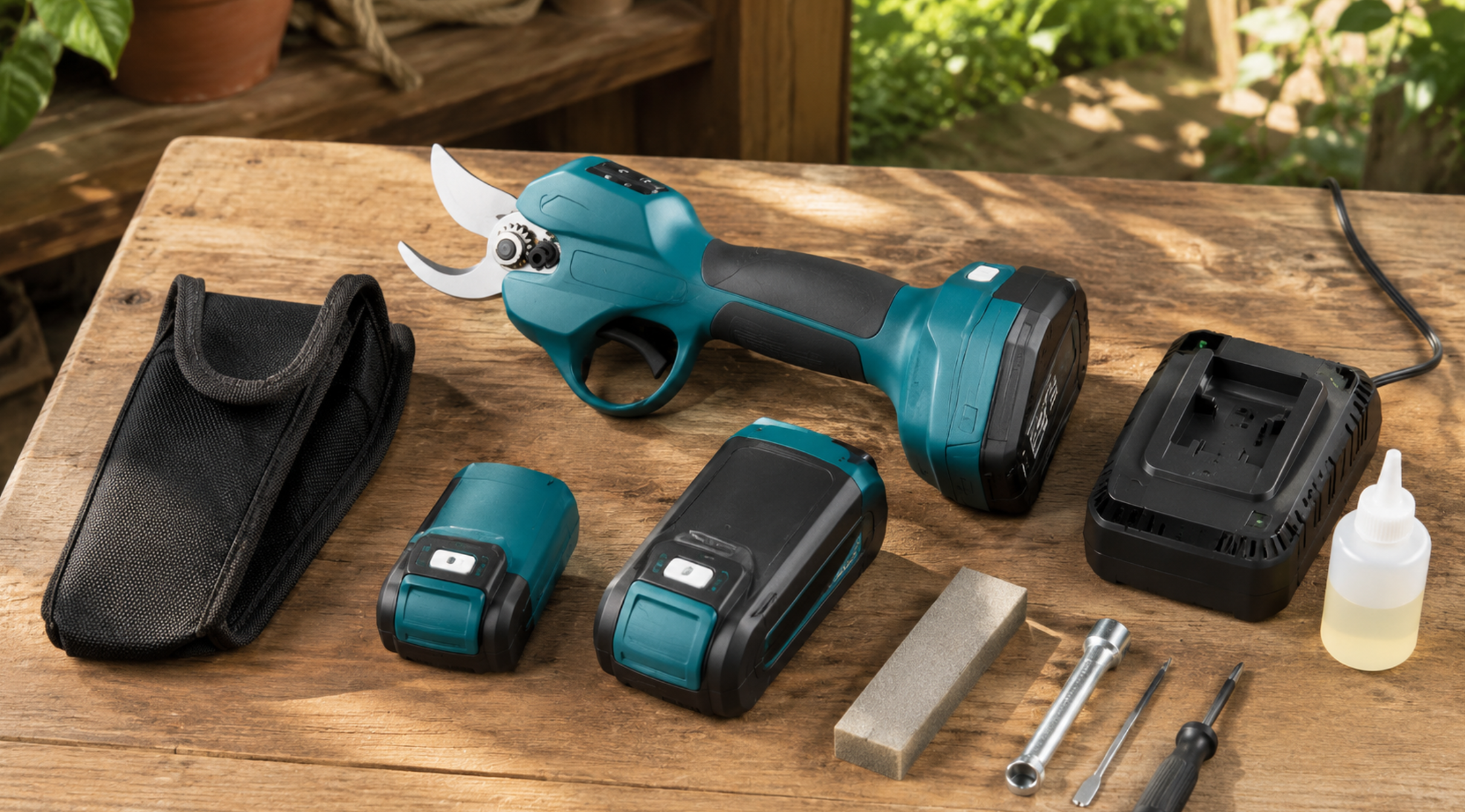 電動剪定鋏と容量の異なるバッテリや充電器などの付属品