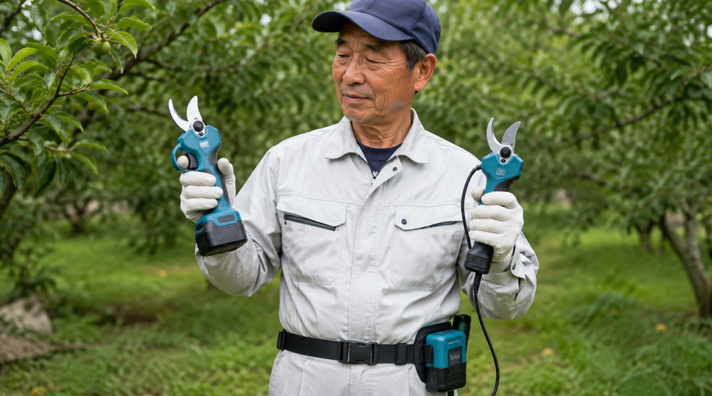 バッテリ直付け型と腰掛けバッテリ型の電動剪定鋏を比較する日本人作業員