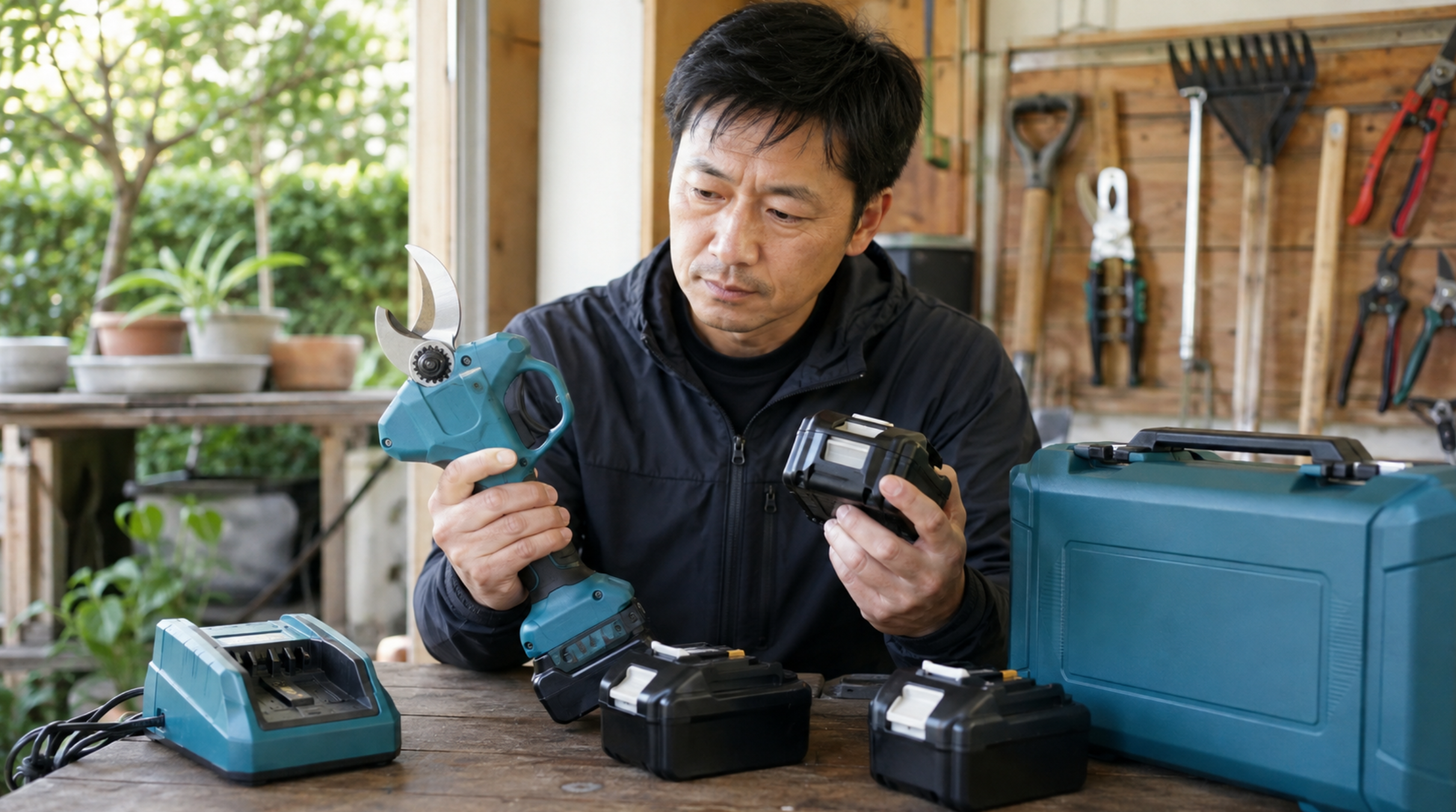 電動剪定鋏とバッテリーの互換性を確認する日本人男性