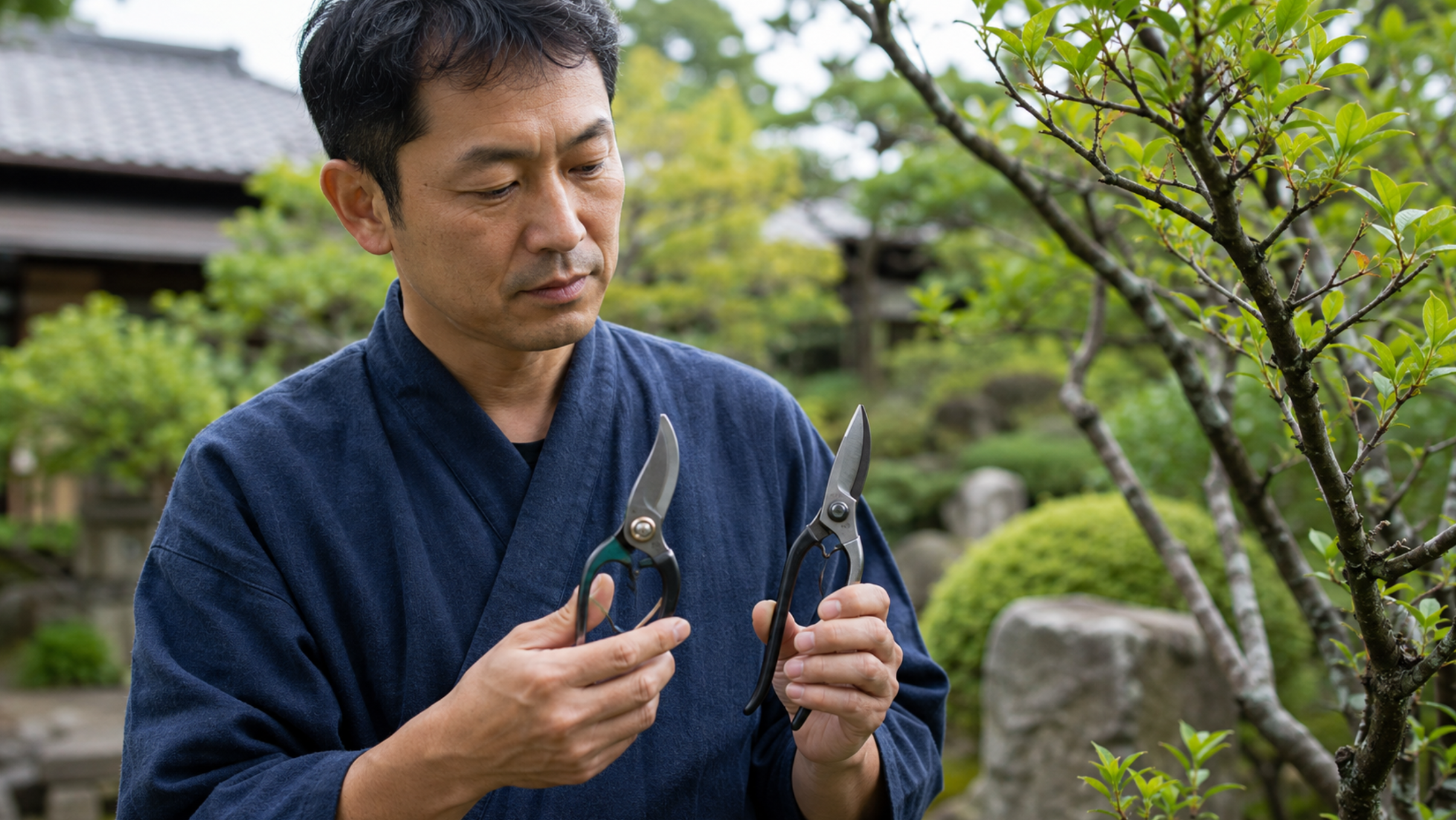 日本庭園でA型とB型の剪定鋏を手に持って比較する日本人男性