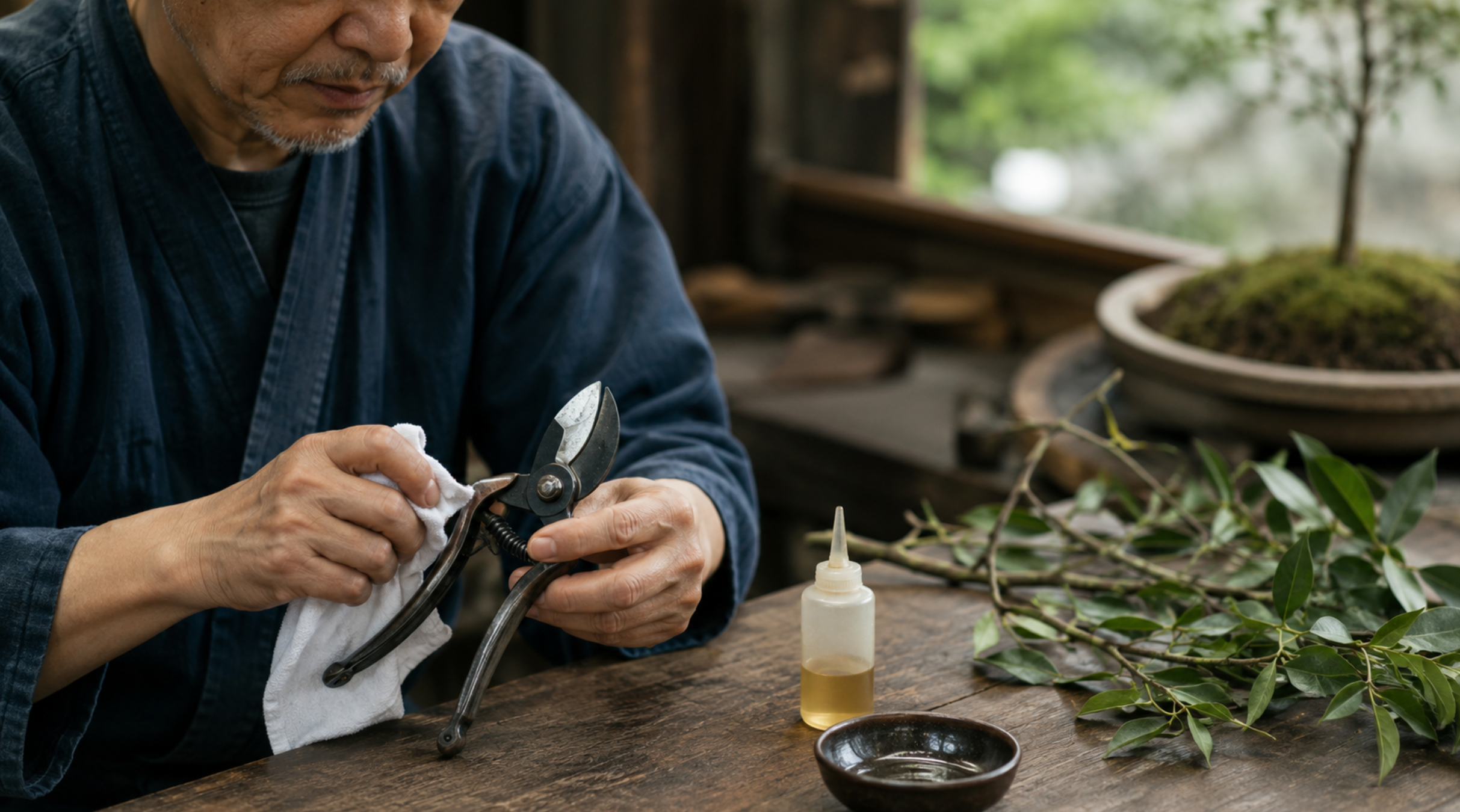 剪定後の剪定鋏を布と油で手入れする日本人男性