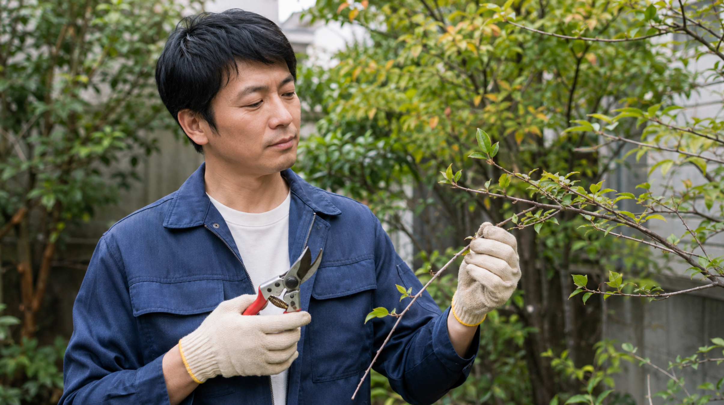 剪定鋏を持って庭木の枝を確認する日本人男性