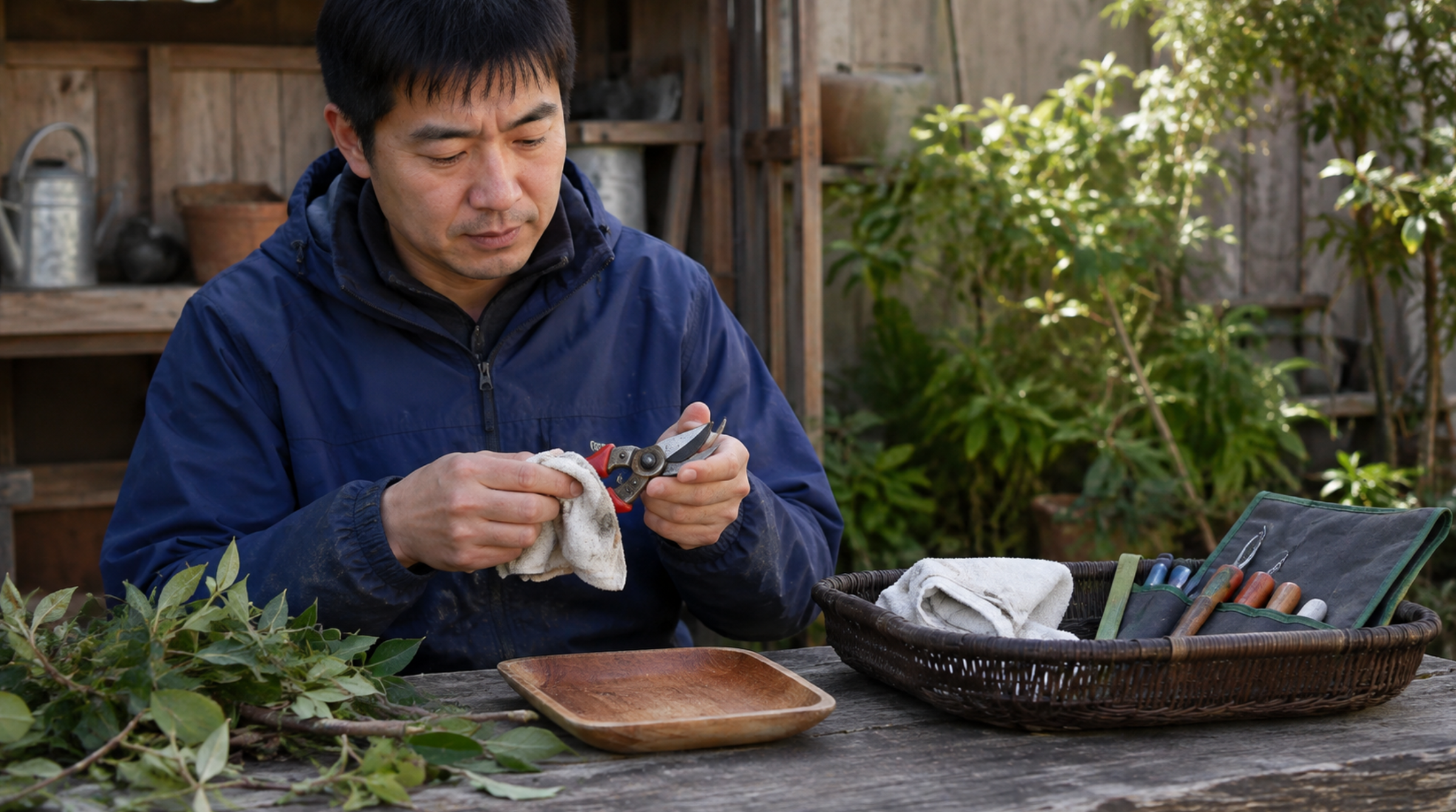 使用後の剪定鋏を布で清掃する日本人男性