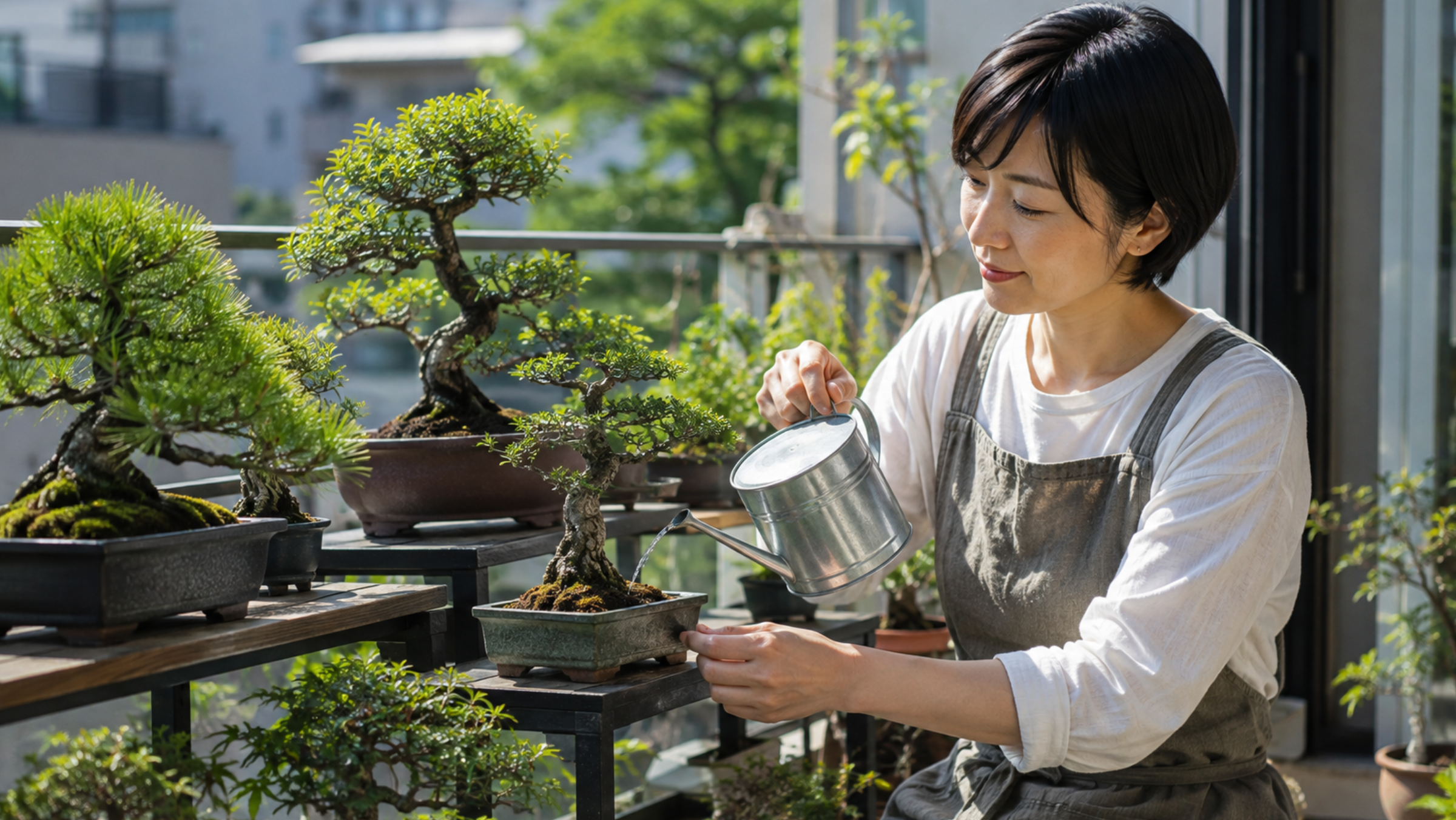 ベランダで盆栽に水やりする日本人女性と屋外管理の様子