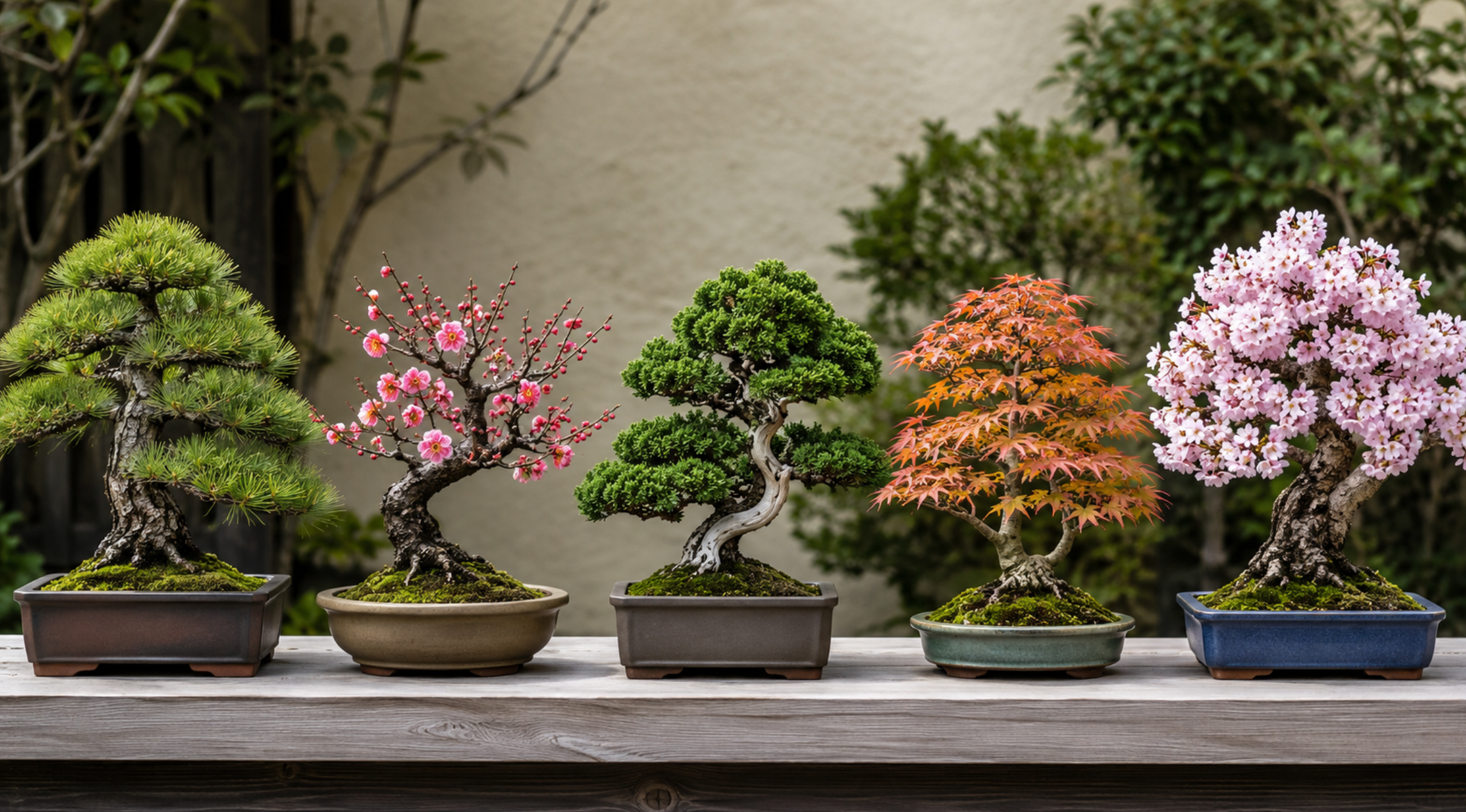 初心者向け盆栽の松、長寿梅、真柏、もみじ、桜を比較