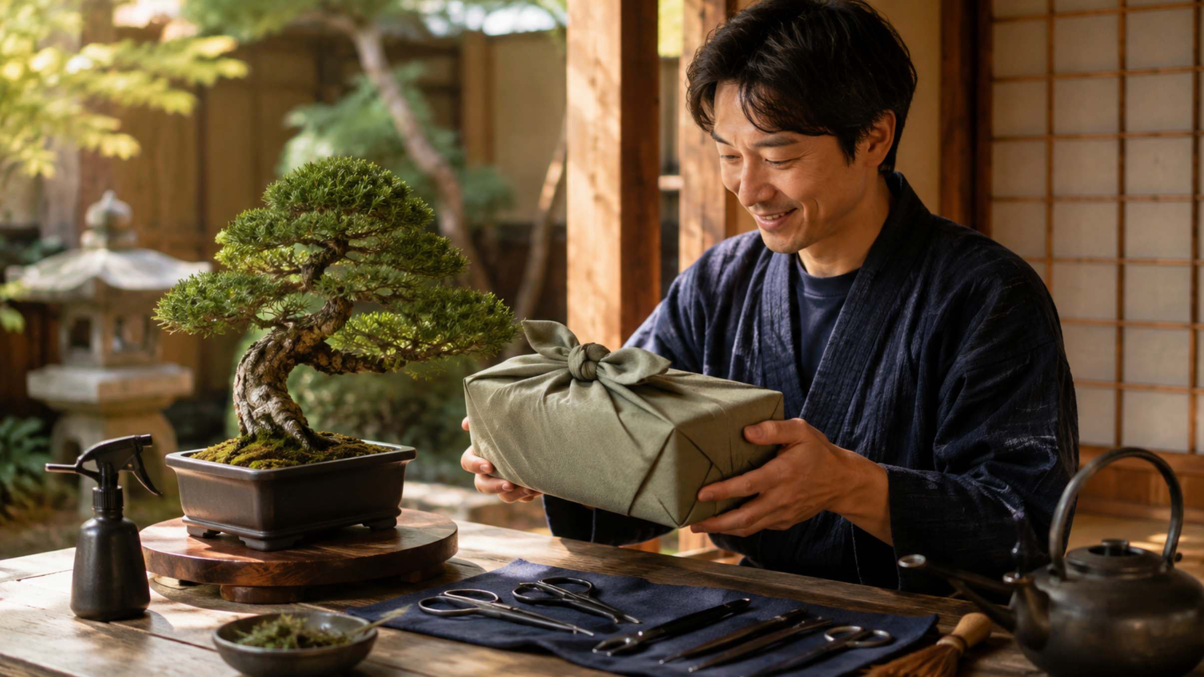 盆栽と盆栽鋏などの道具をプレゼントとして楽しむ日本人男性
