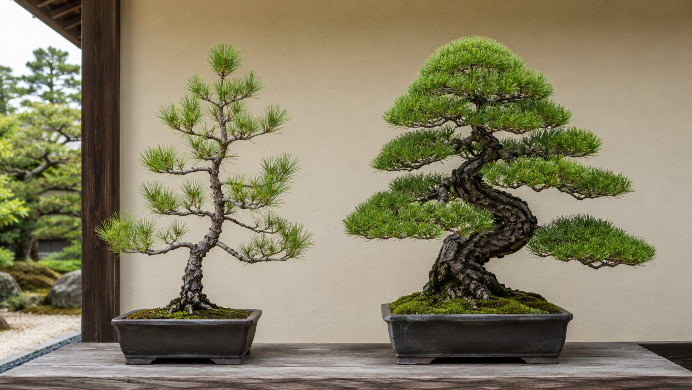 若い黒松盆栽の素材と枝まで作り込まれた完成木の比較
