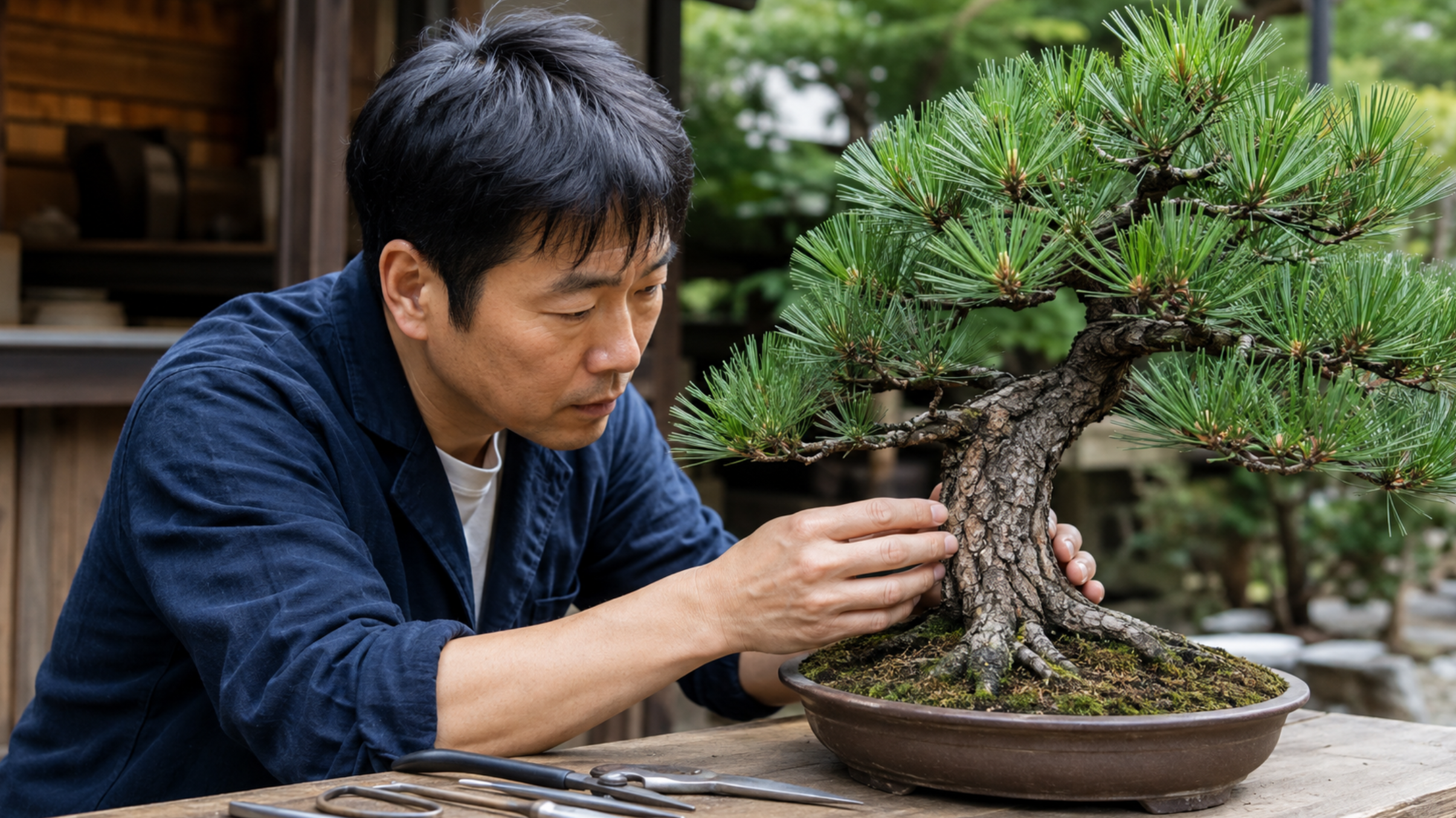 黒松盆栽の根張りや幹元と樹皮を確認する日本人男性