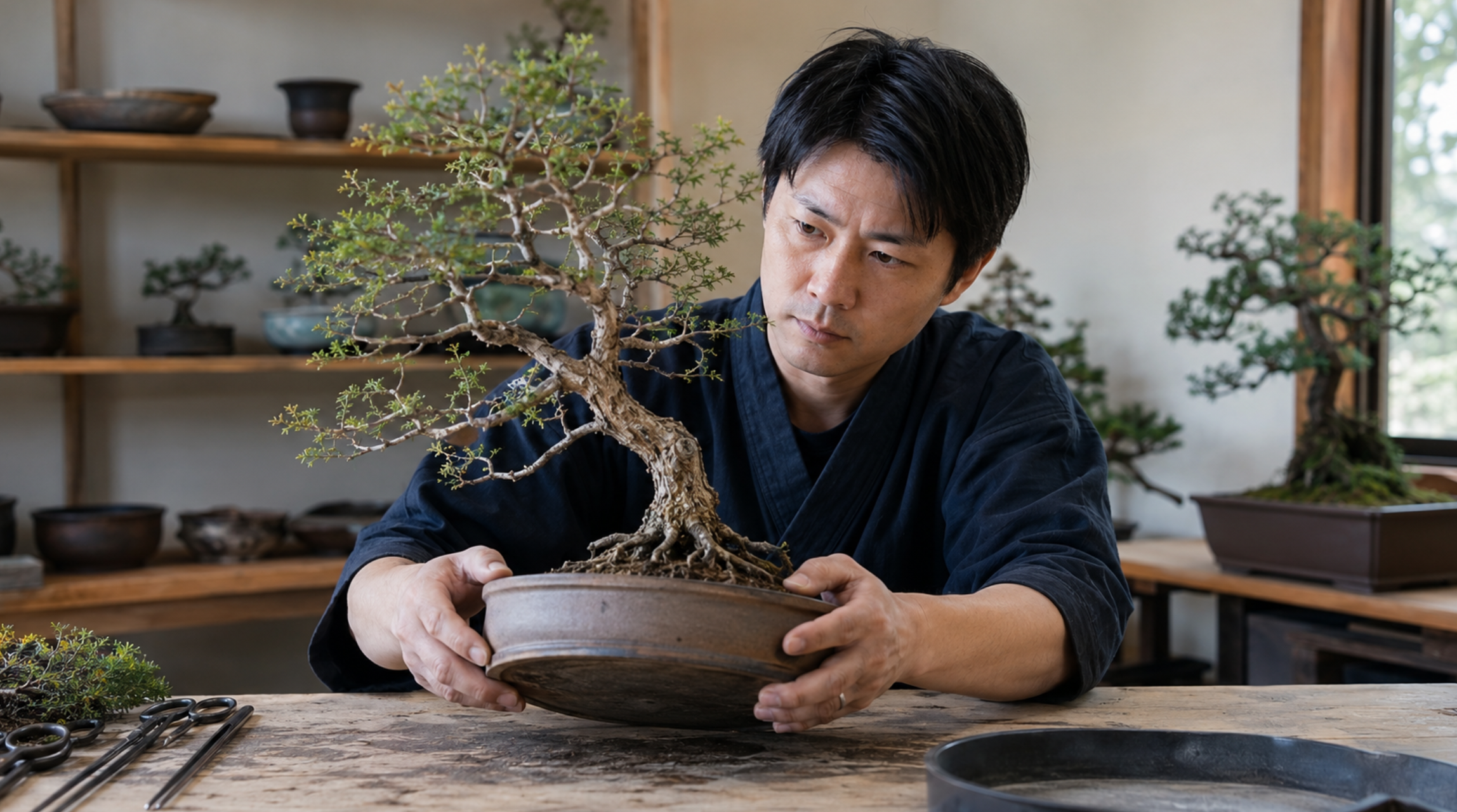 盆栽素材を回しながら根張りと幹筋を確認して樹形を考える様子