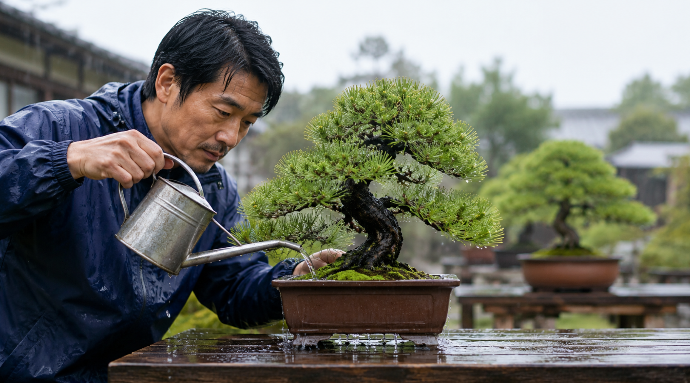 雨の日に鉢土を確認し細口じょうろで盆栽へ水やりする様子