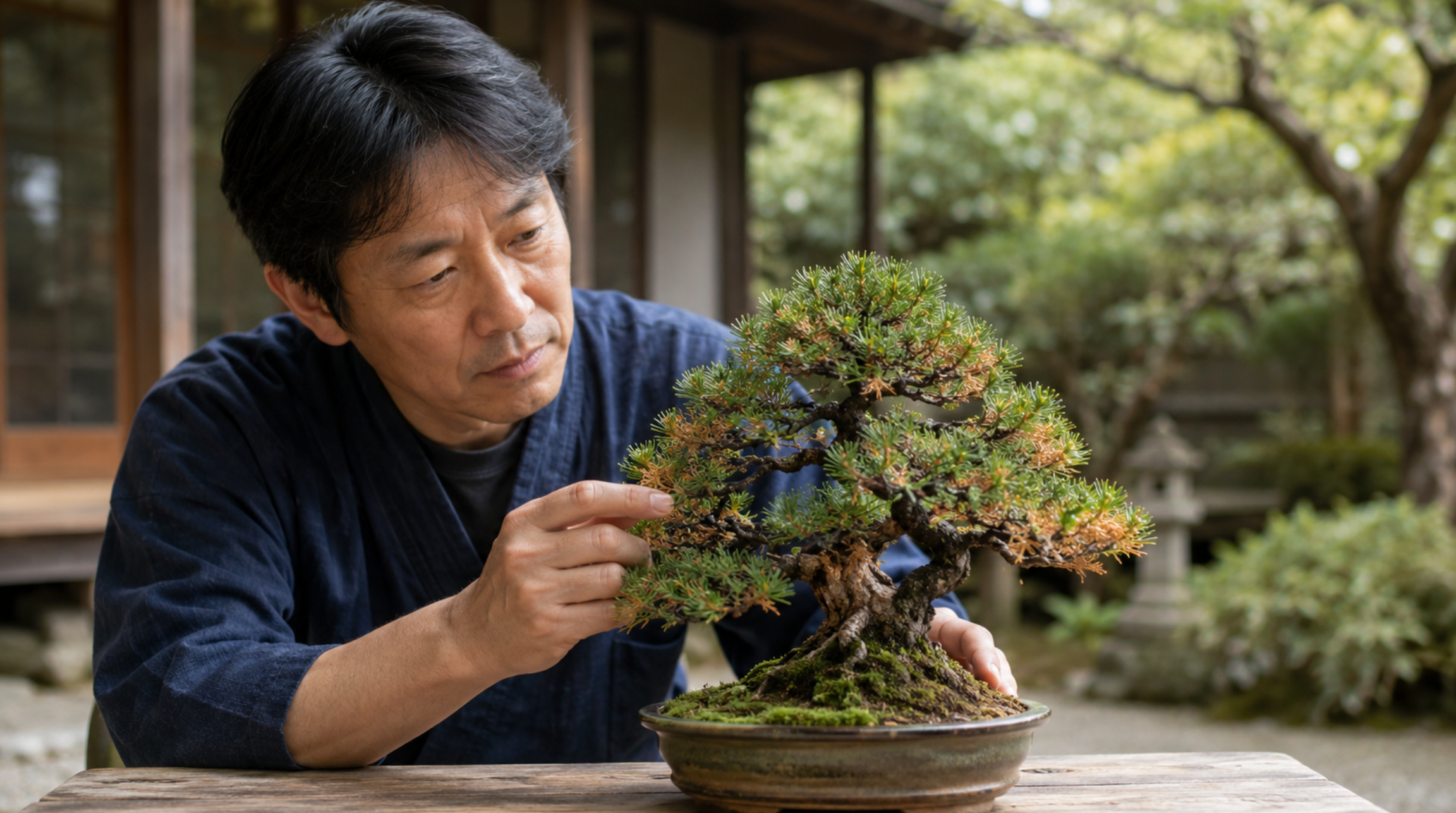 葉が茶色くなった盆栽の状態を確認する日本人男性