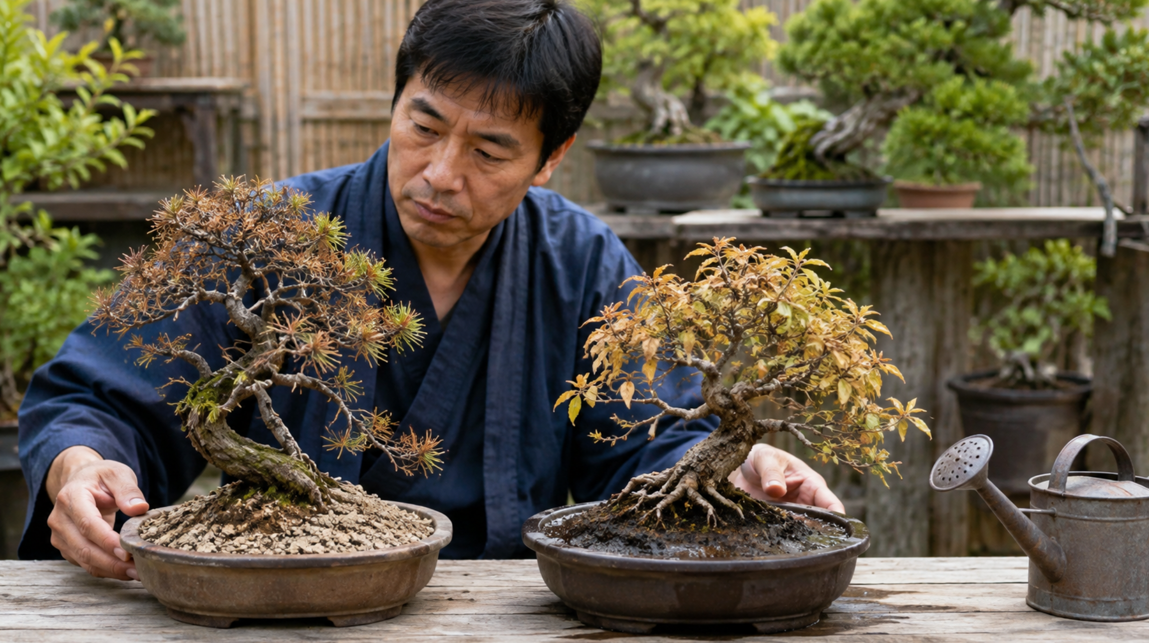 水切れと過湿で弱った盆栽を比較して原因を確認する様子