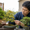 盆栽の葉色や樹勢を確認して根腐れや根詰まりの症状を見分ける様子