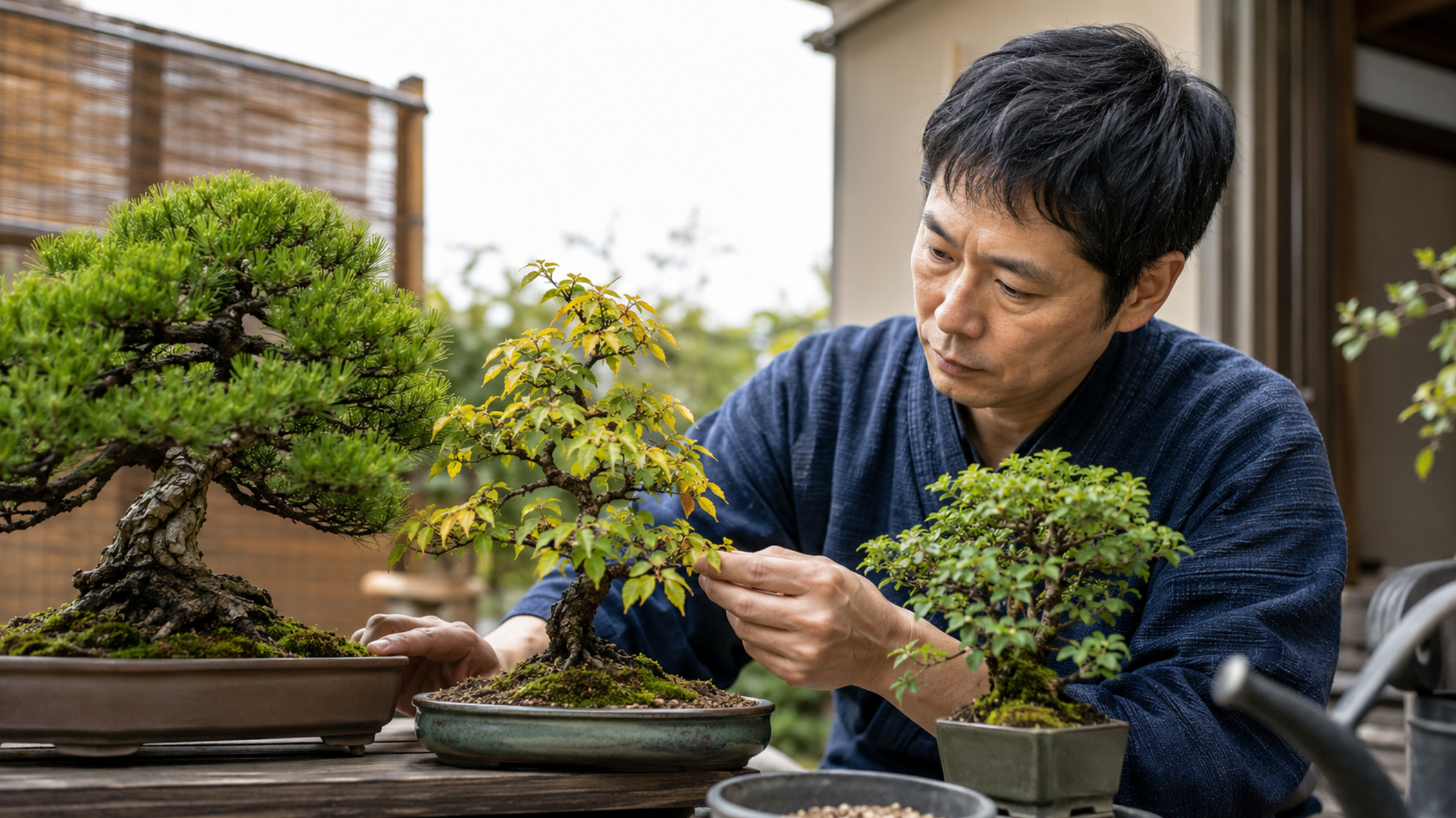 盆栽の葉色や樹勢を確認して根腐れや根詰まりの症状を見分ける様子