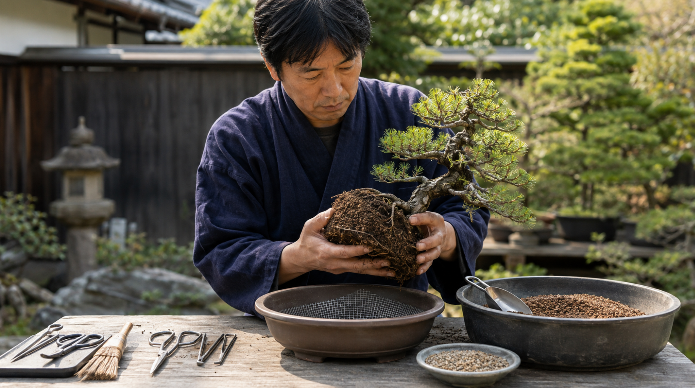 根腐れや根詰まりした盆栽を新しい用土と鉢底ネットで植え替える作業