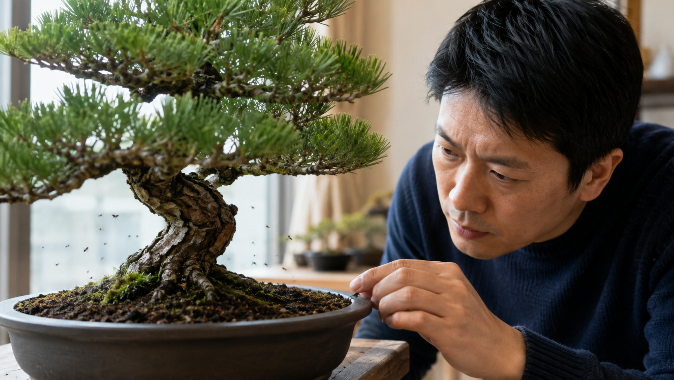 室内盆栽の鉢土周辺に発生したコバエを確認する男性