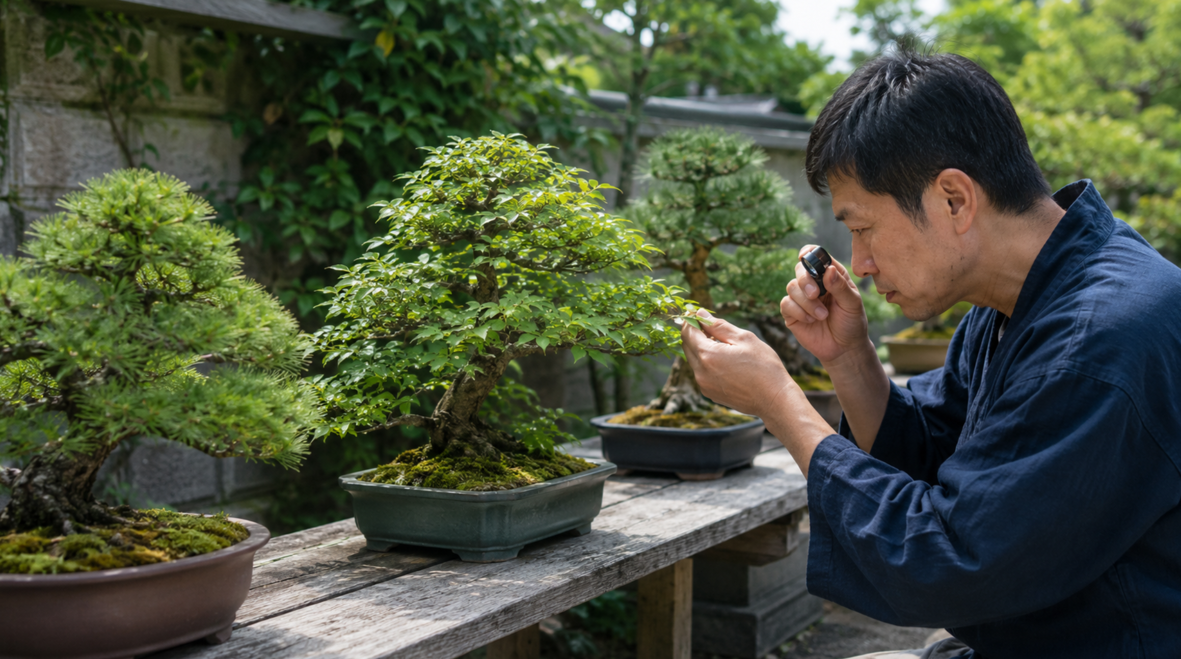 屋外の盆栽をルーペで観察し葉裏の害虫を確認する男性