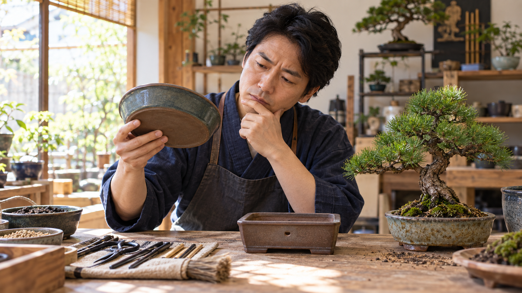 底穴のない陶器製盆栽鉢を確認する日本人男性