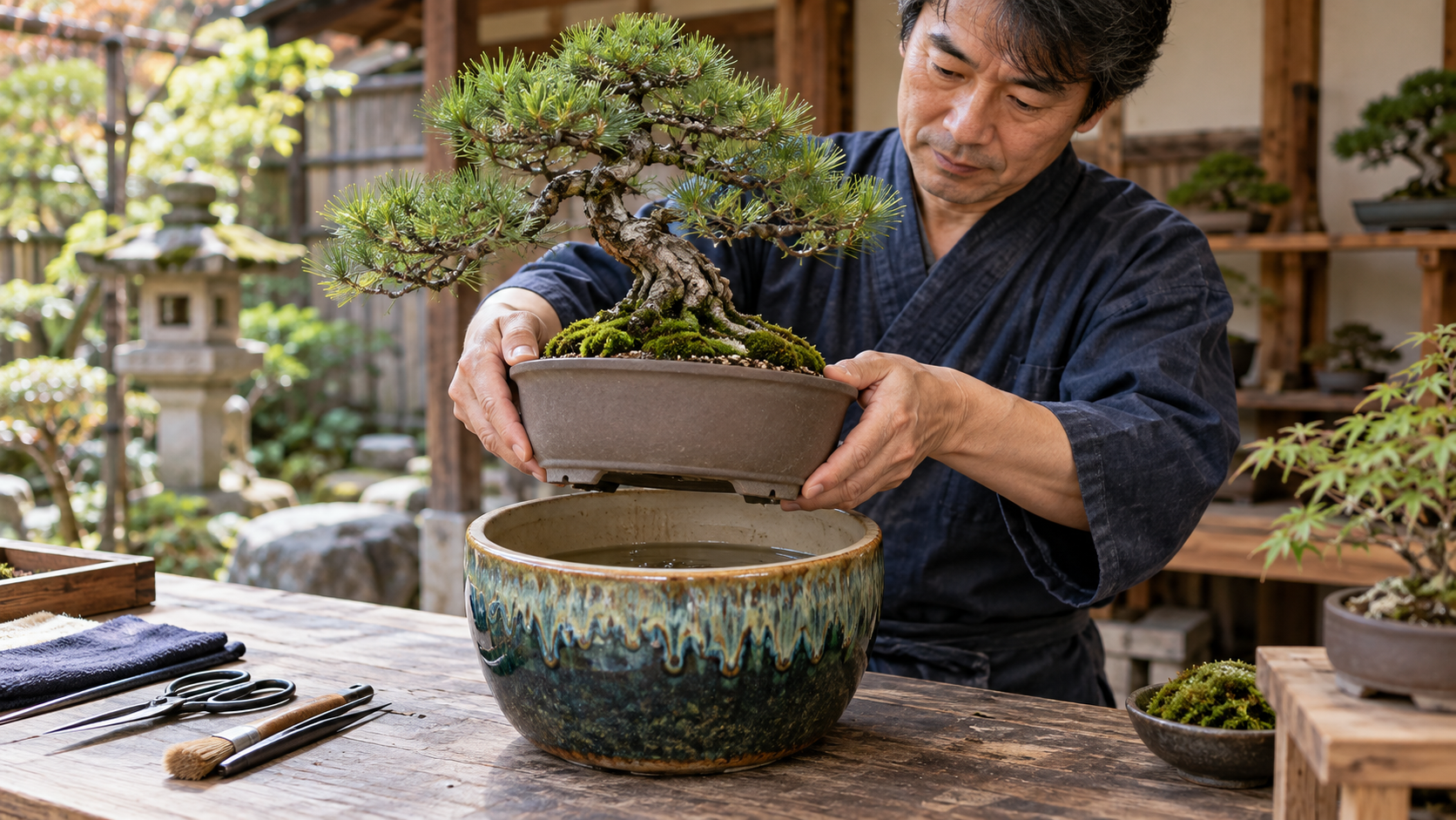 底穴付き盆栽鉢を穴なし陶器鉢から取り出して排水する様子