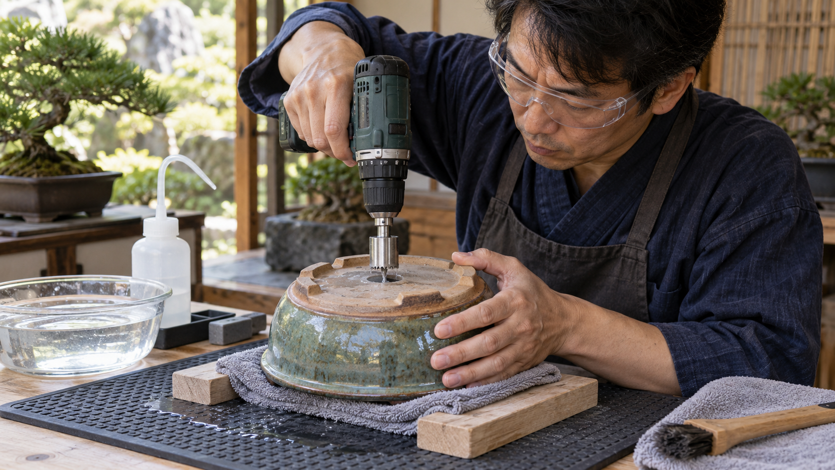 陶器製盆栽鉢にドリルで排水穴を開ける日本人男性