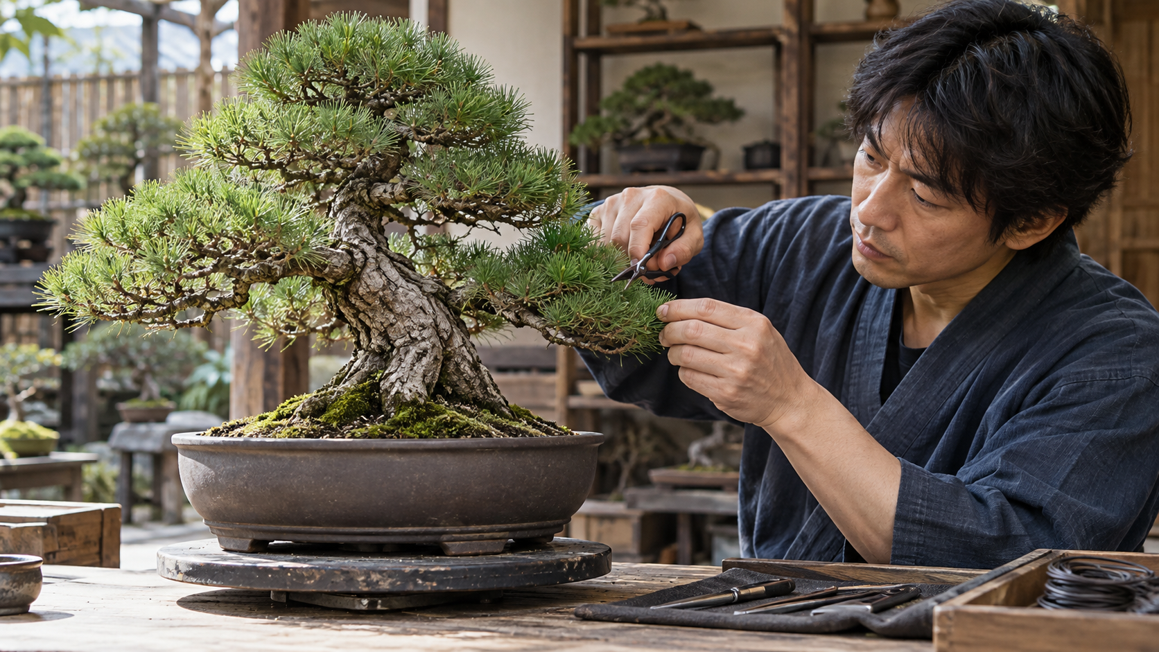 日本人が盆栽の枝ぶりを確認しながら剪定している様子